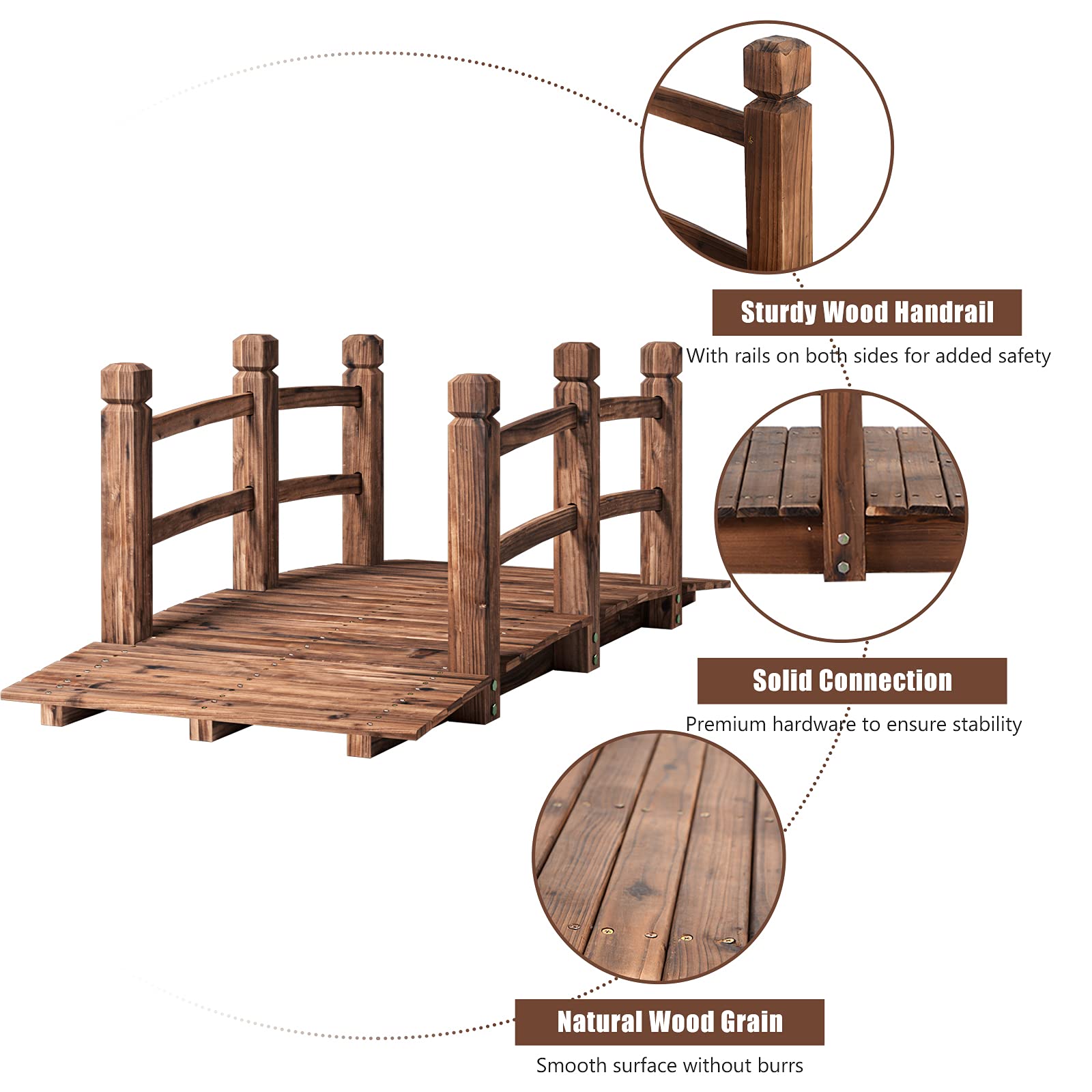 GIANTEX - Puente de jardín de madera carbonizada para estanque, decoración exterior, 150 x 67 x 55 cm, carga máxima 100 kg (marrón)