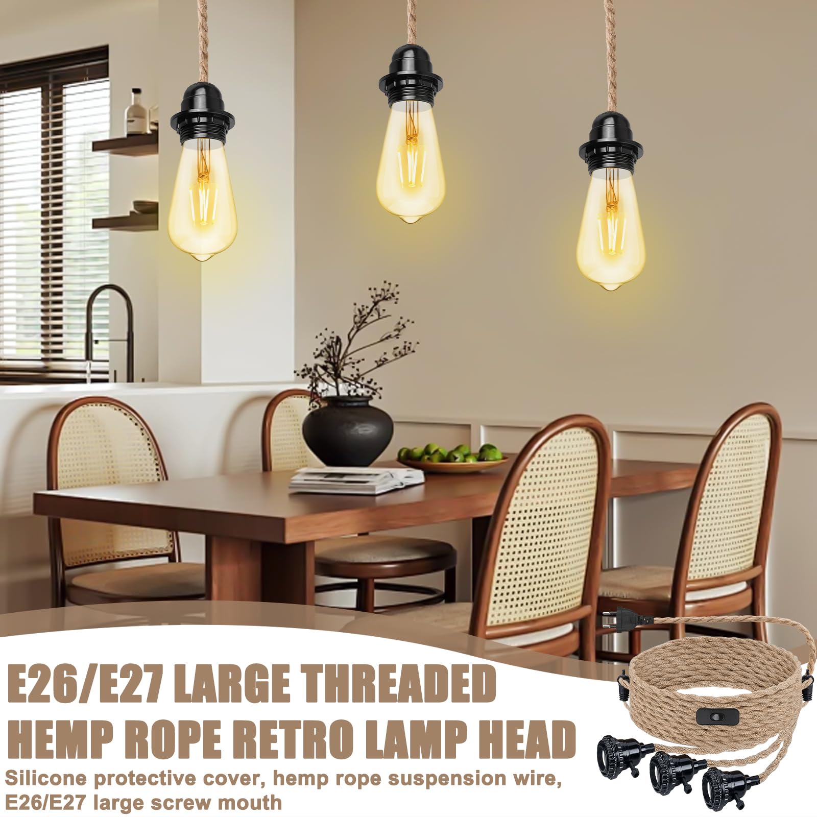 Kit Lampe à Suspension En Corde De Chanvre Avec Fiche E27, Câble Vintage Avec Interrupteur, 3 Lumières, Rétro Bricolage Pour Salle à Manger