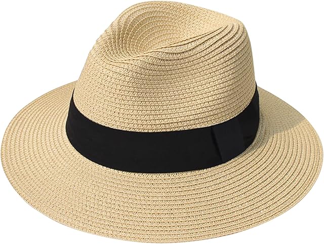 Voqeen Women Wide Brim Straw Panama Hat Travel Foldable Packable Hat Adjustable Belt Buckle Fedora Beach Sun Hat UPF50+