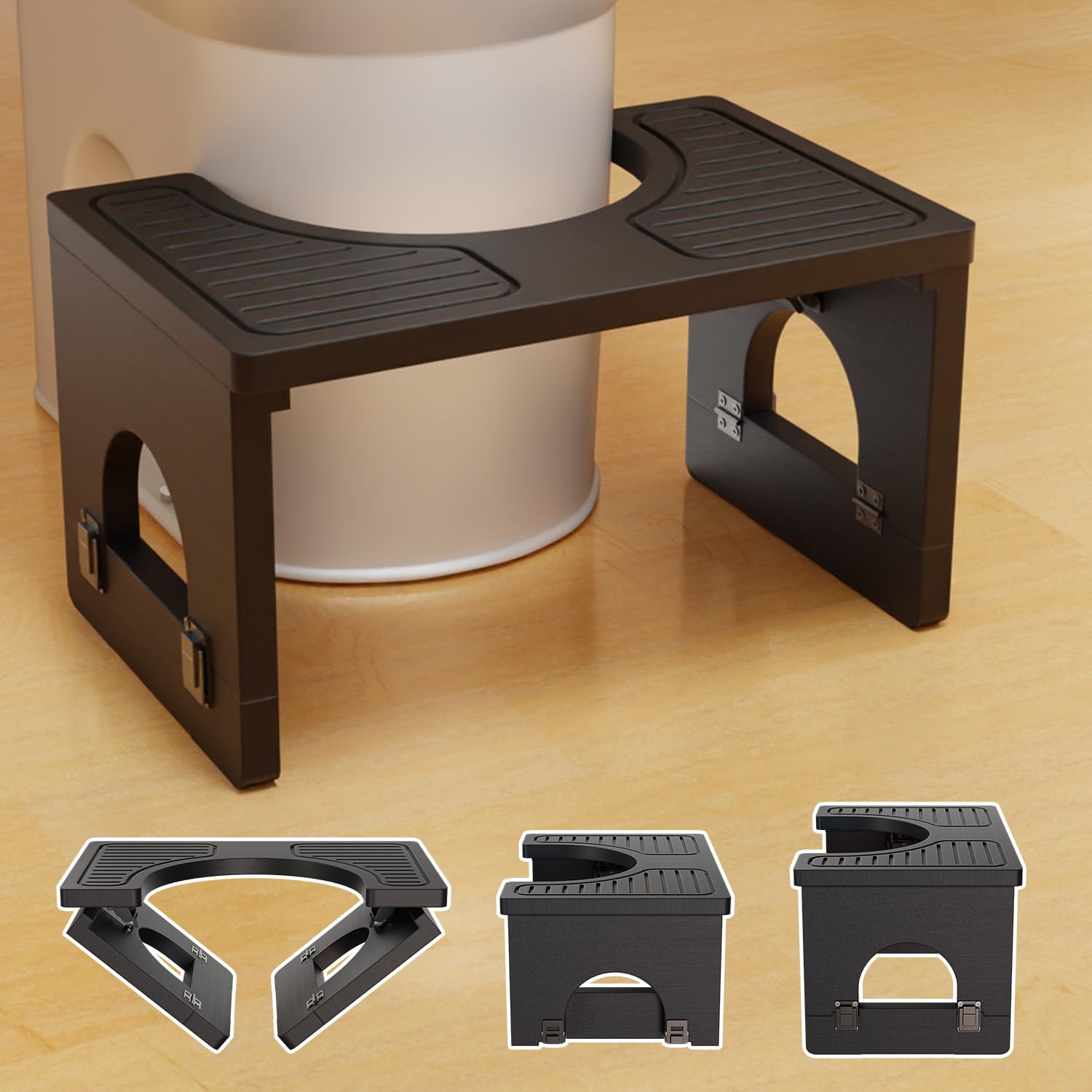 Folding Toilet Stool 7"&amp;9" Adjustable, Black Poop Stool for Adults