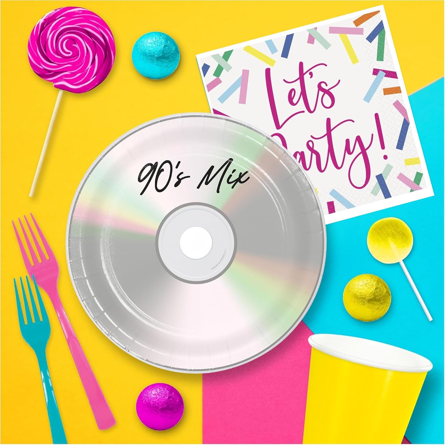 90's Party Supplies - 1990's Mix CD Round Paper Dessert Plates and "Let's Party" Confetti Beverage Napkins (16 Plates & Napkins)