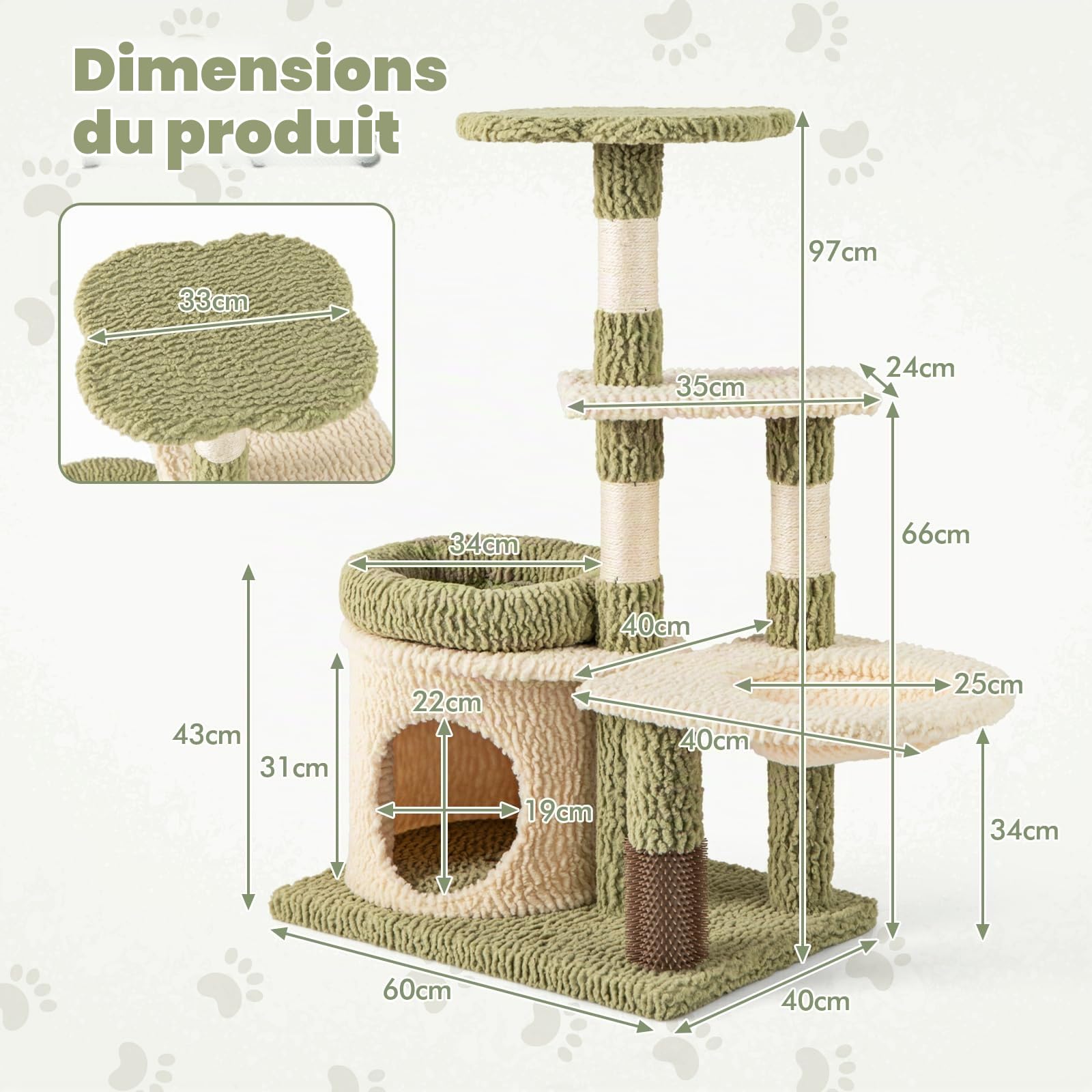 GOPLUS Arbre a Chat Multi-Niveaux, 2 Plateformes, Chaque Charge 10KG, Niche Privée, Panier Latéral, Brosse de Toilettage, Griffoirs en Sisal, Arbre à Chat Coussin Rembourré, Design pour Chatons, Vert