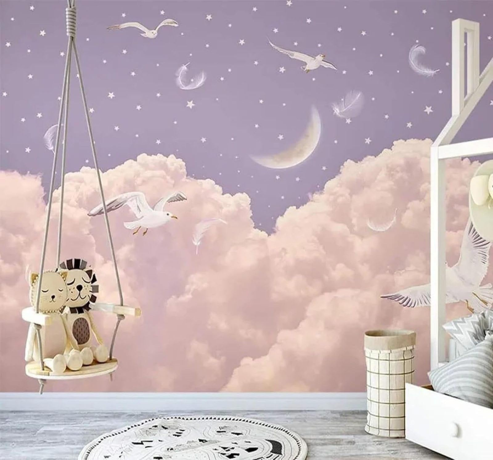 XLMING Hand Drawn Pink Clouds Feathers Starry Sky 3D Wallpaper Luxury Home Dining Decor Paste Sofa Living Room The Wall for Bedroom Mural-200cm×140cm