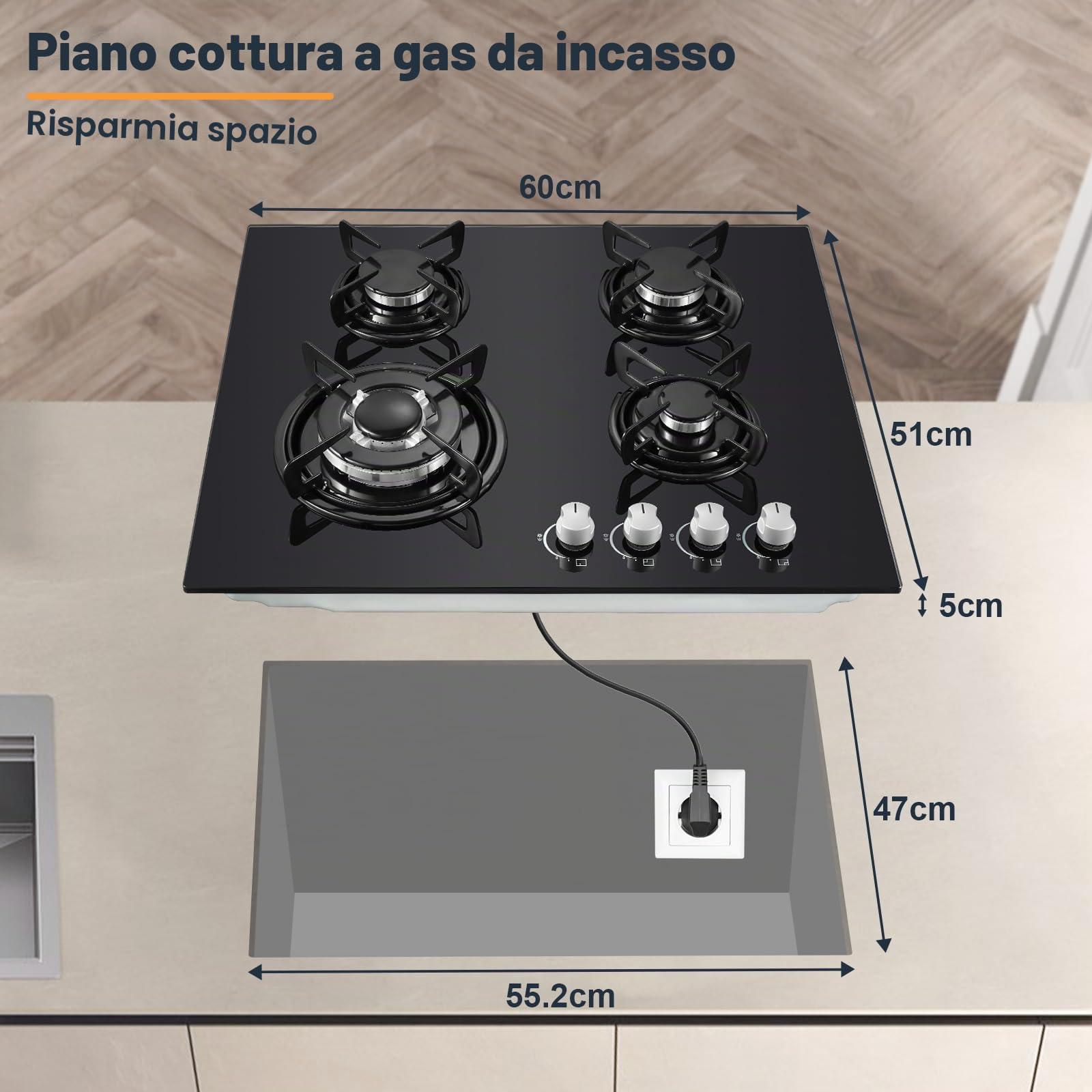 TopStrong Piano Cottura 4 Fuochi Gas, Piano Cottura Gas Vetro Incasso, Protezione Flame-Out, Gas Naturale/Propano, 8060W, Nero, 220-240V