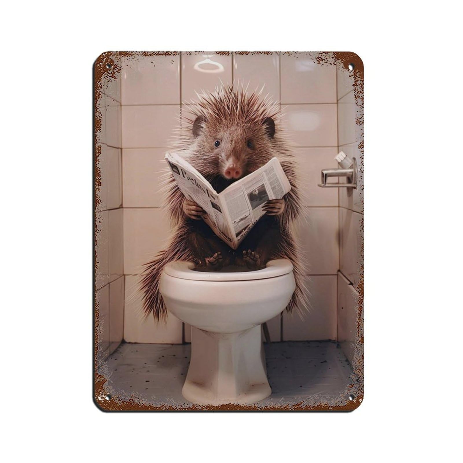 Porcupine Sitting on The Toilet Reading A Newspaper (8) Retro Poster Metal Tin Sign Chic Art Retro Iron Painting Bar People Cave Cafe Family Garage Poster Wall Decoration 12x16inch(30x40cm)