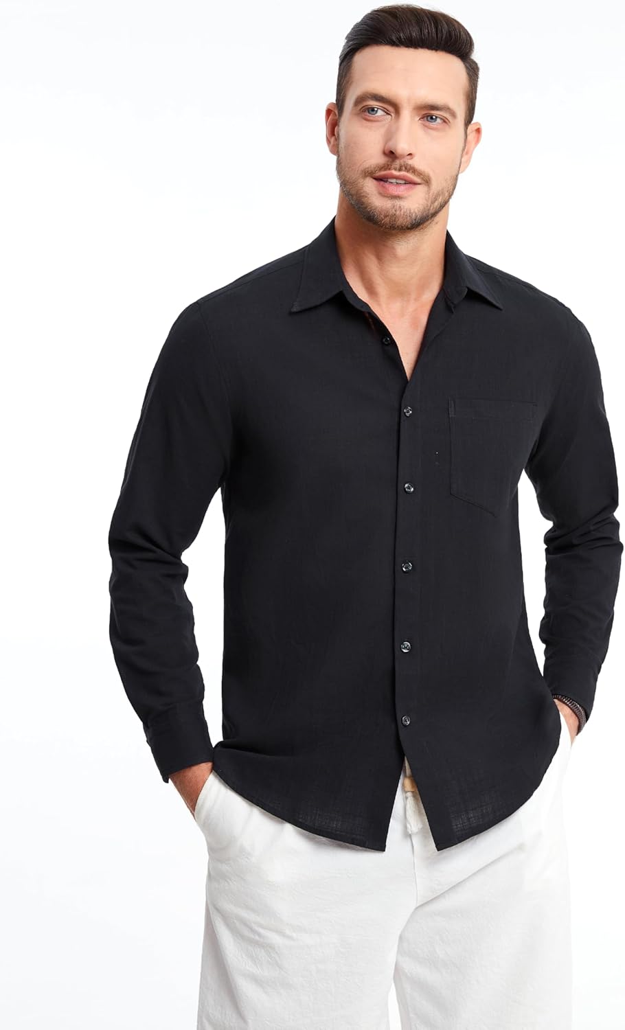 HISDERN Linen 317 Shirts for Men Long Sleeve Shirt Button Down Casual Breathable Cotton Beach Wedding Vacation with Pocket - Image 2