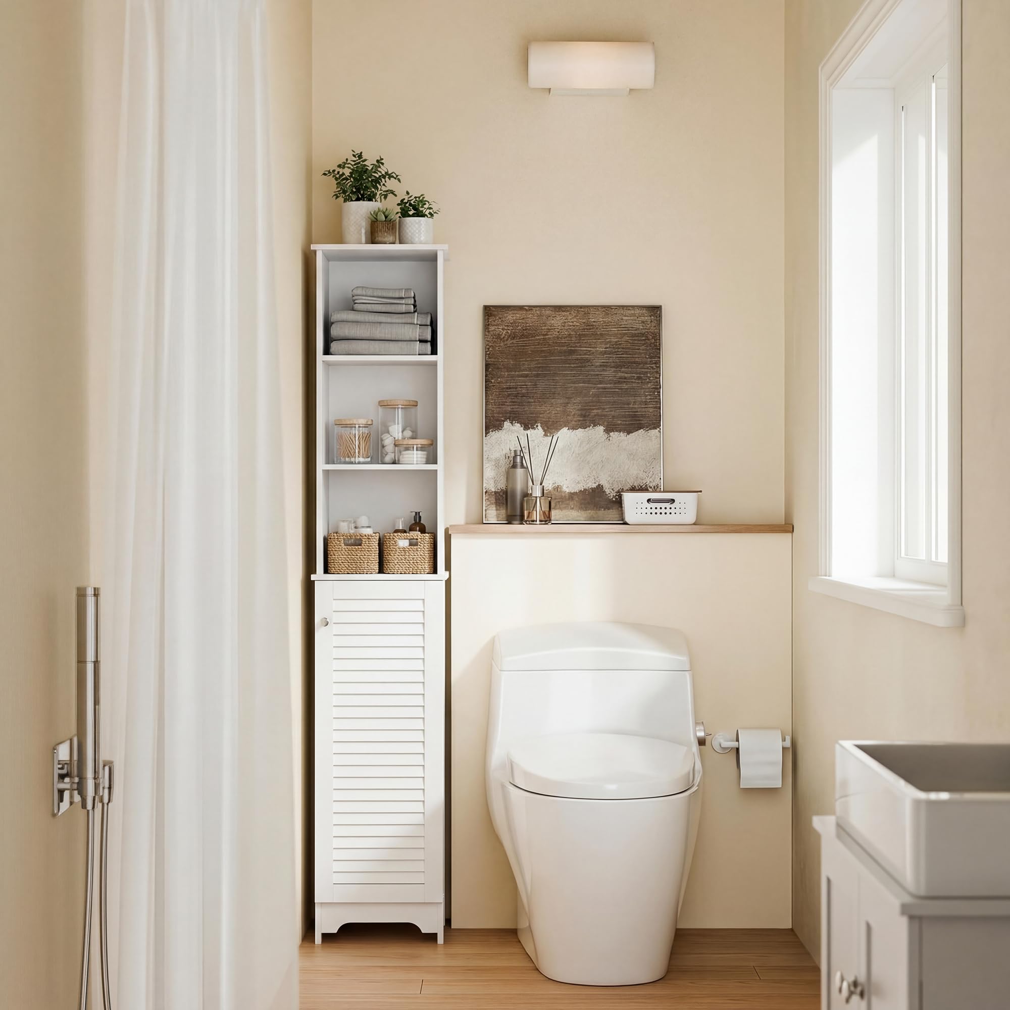 HOMCOM Colonna Bagno con Ripiano a 3 Livelli e Armadietto Chiuso, Mobile Bagno Salvaspazio, 34x20x165 cm, Bianco