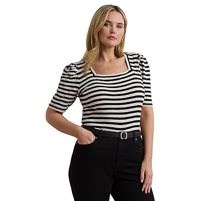 Lauren Ralph Lauren Plus Size Striped Cotton Jersey Puff sleeve T Shirts Women