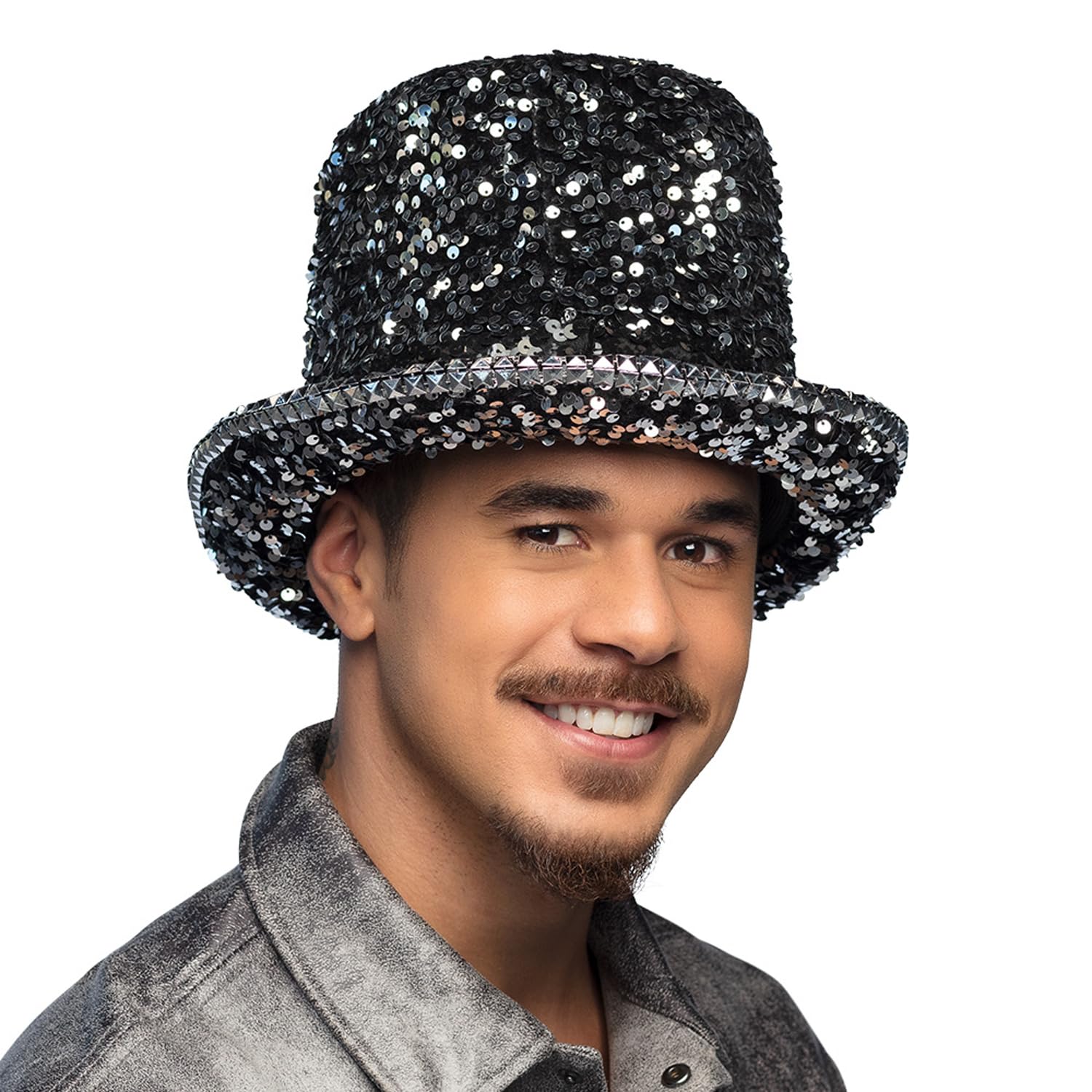 Boland - Cappello con paillettes e borchie | Cilindro lucido per costumi, Carnevale, festival e feste a tema