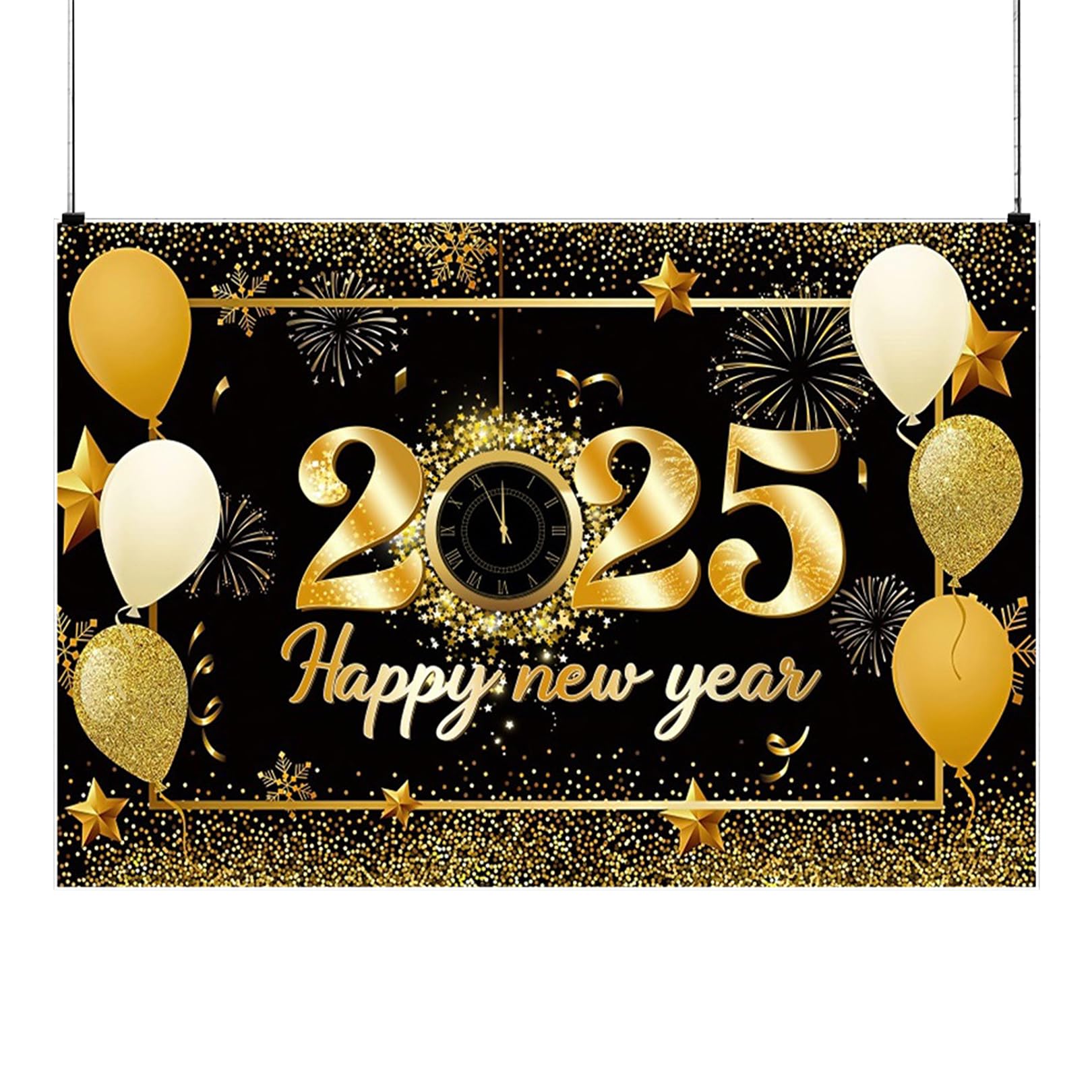 2025 New Year's Eve Decorations Banner - Happy New Year Backdrop Black Gold Confetti - Party Supplies (120x80cm)