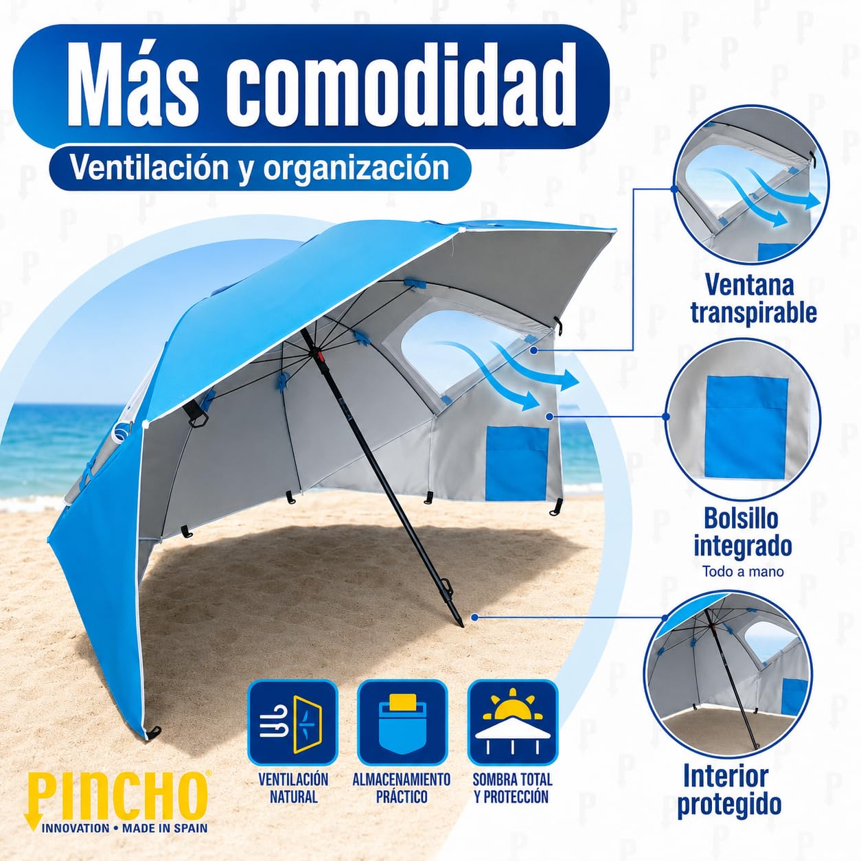 Parasol plażowy 220 cm - PINCHO - przenośny namiot plażowy, wiatroszczelny parasol plażowy UV50 z oknami, śledziami i tensorami, 3 pozycje, torba transportowa w zestawie, kompaktowa