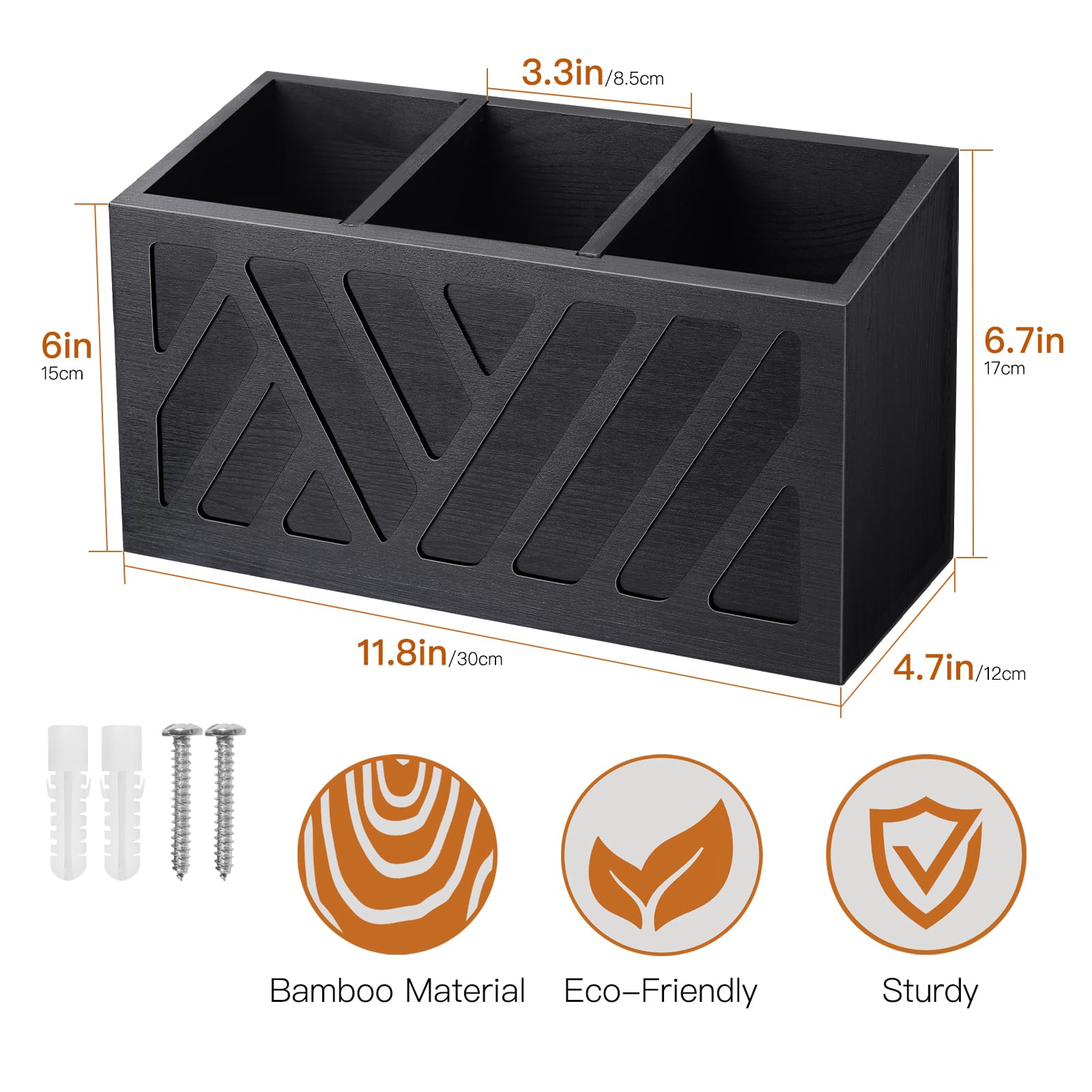 MINCORD Porte-ustensiles avec 3 compartiments, boîte de rangement en bois pour couverts, comptoir, fourchette, cuillère, spatule