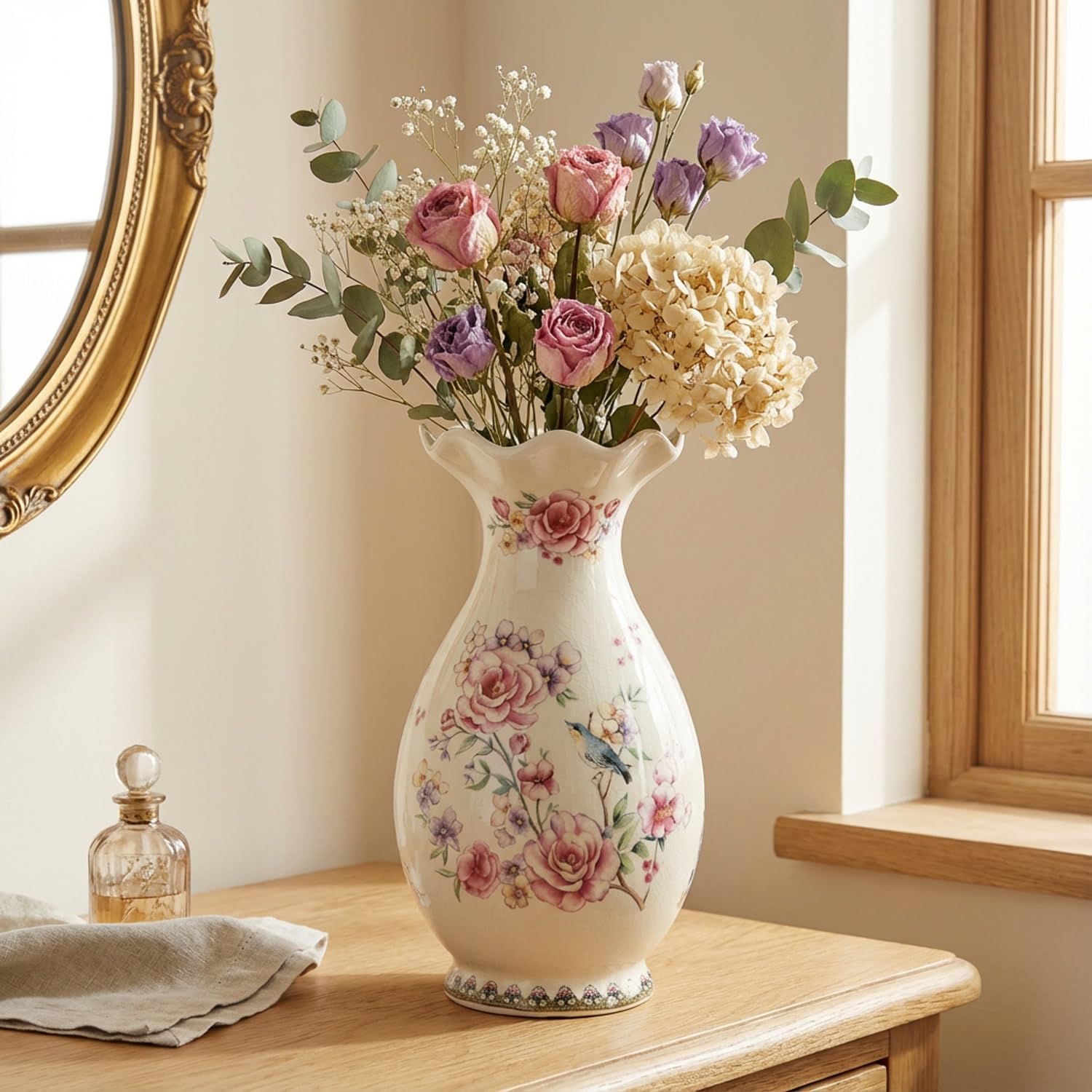 Modern Large Table Ceramic Pink Flower Vase -14.6 inch Tall -Home Decor Living Room Kitchen Bedroom Decorations for House Book Shelf Office Coffee Desk Dining Fireplace.