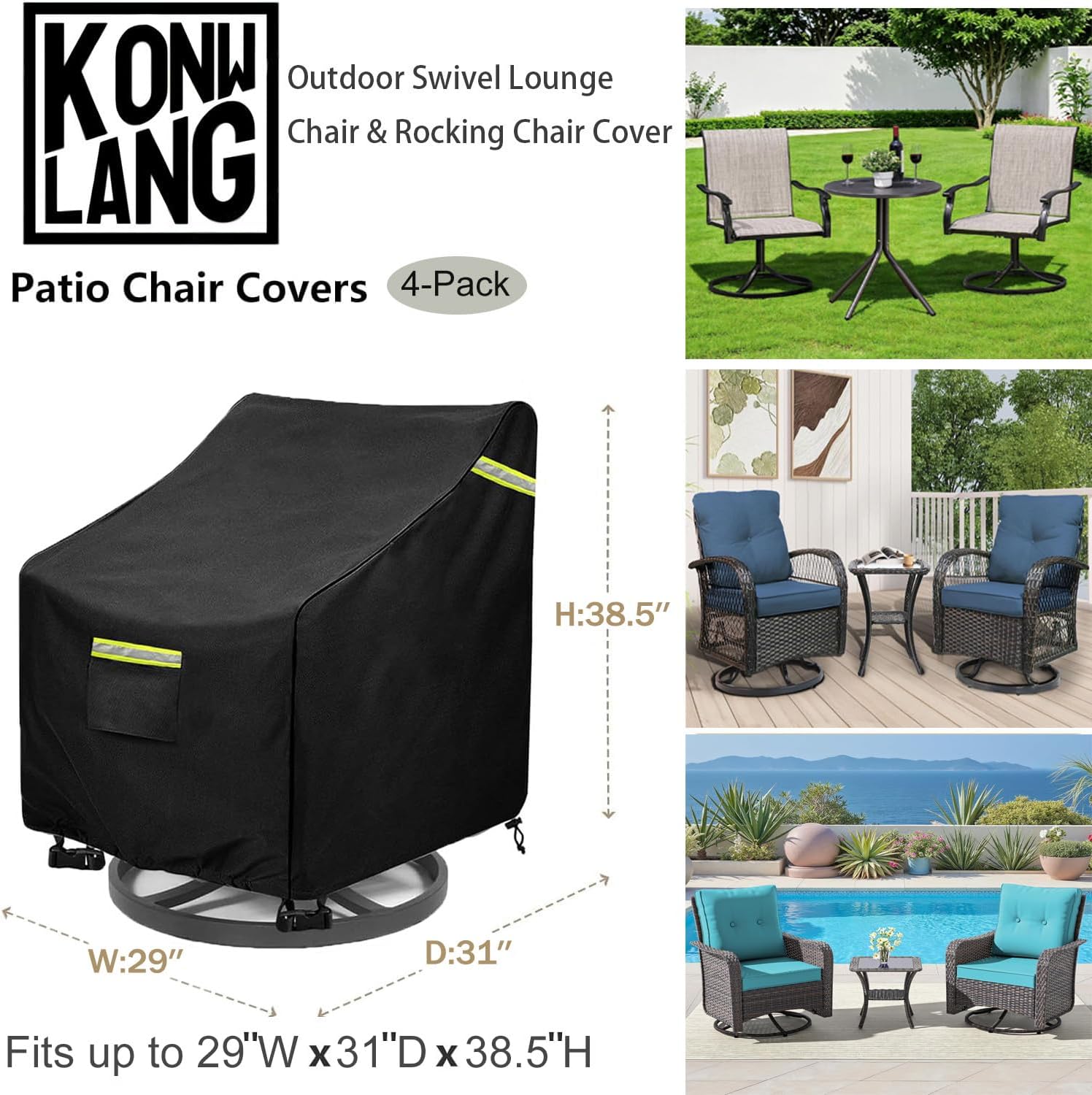 Outdoor Swivel Chair Cover 4 Pack,(29W x 31D x 38.5H inches )100% Waterproof Heavy Duty Outdoor Rocking Chair Covers， Patio Chair Covers Waterproof Patio Furniture Covers ( Black)
