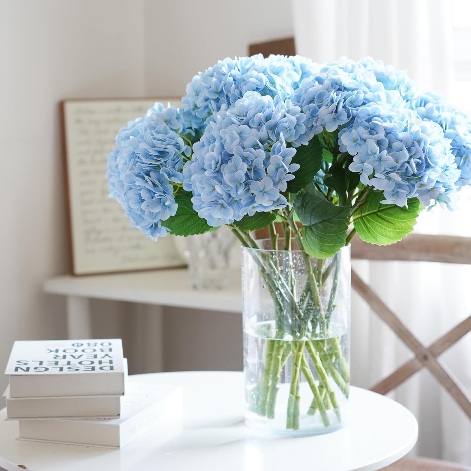 19 Inch Real Touch 4pcs Blue Hydrangea Artificial Flowers, Full Big Latex Texture Realistic Faux Hydrangeas Flowers for Tableside Kitchen Office Decor, Weddings Party Arrangements (Blue)