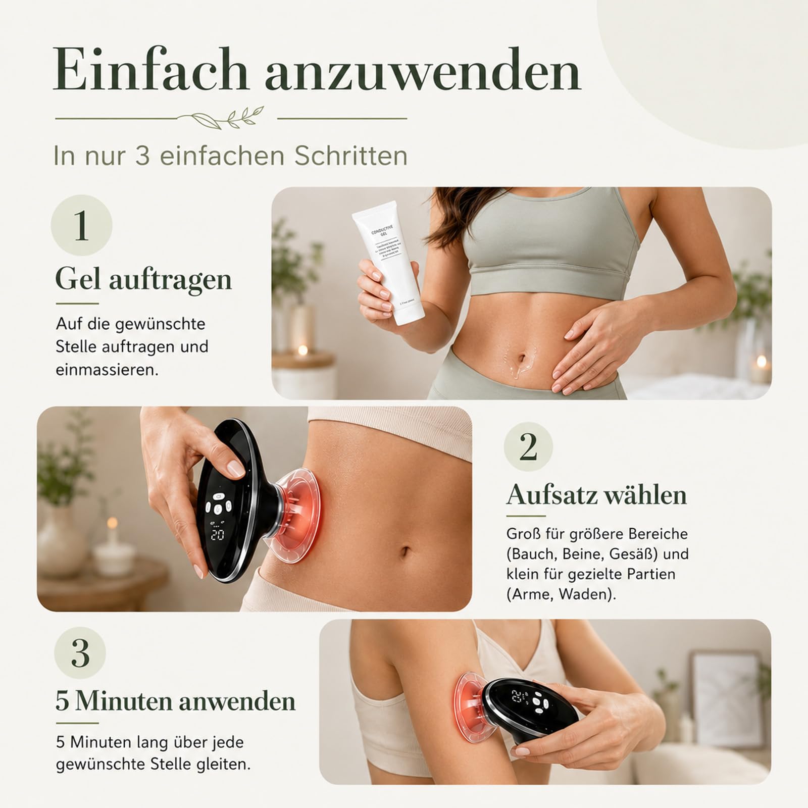 3-in-1 Anti Cellulite Massagegerät elektrisch: EMS, Vakuum Schröpfgerät, red light therapy, Lipödem/Lymphdrainage, Hautstraffung Bauch Beine Po Rücken, 3 Modi 10 Stufen, Sprachansage, 4 Aufsätze, Box