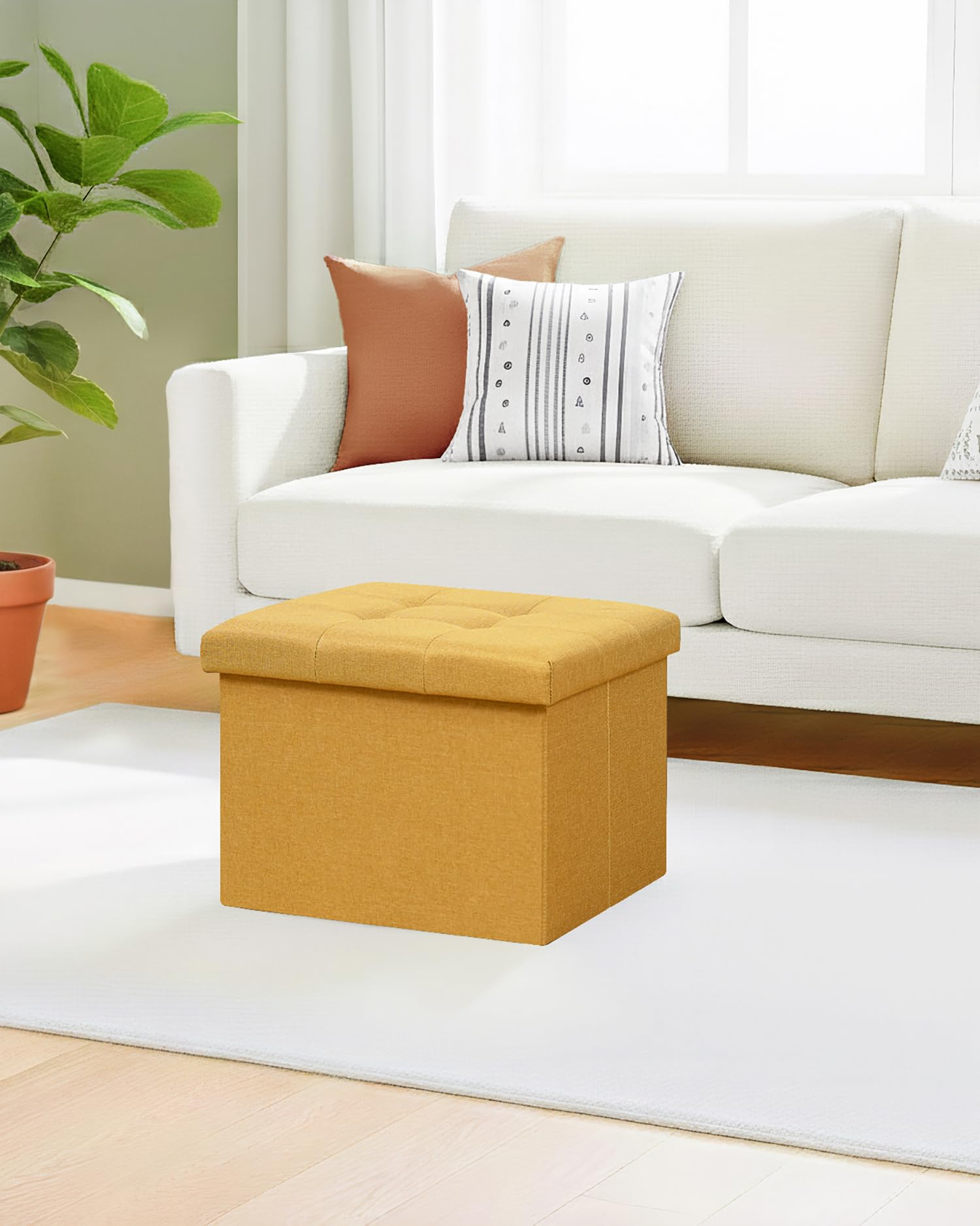 Bonlife Pouf Contenitore Panca Sgabello Contenitore, Piccoli Tavolino Salotto Lino Cubo Portaoggetti Pouf da Camera Quadrato per Soggiorno, Camera da Letto, Ingresso,42x32x32cm Zenzero
