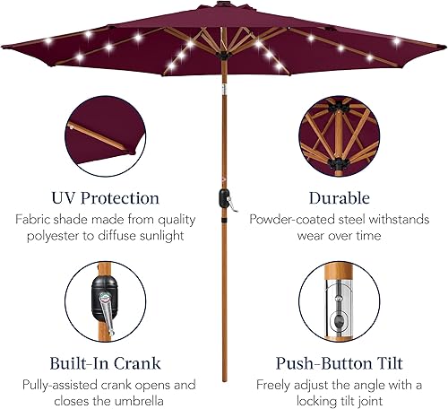Vista 485 de Best Choice Products - Sombrilla solar de 7.5 pies para exteriores, patio, mesa, mercado, terraza, piscina con inclinación, manivela, luces LED