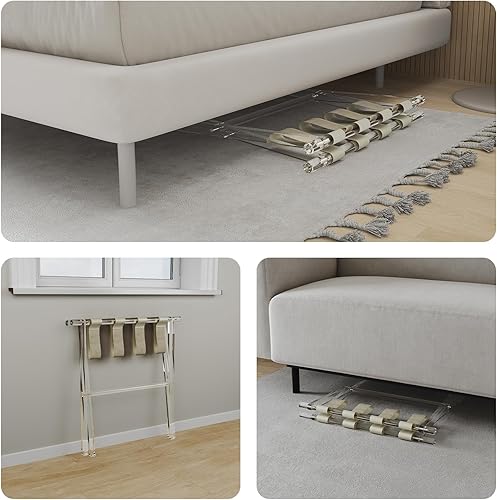 Miniatura 6 de Sumerflos Portaequipajes de acrílico para habitación de invitados, soporte plegable para maleta con correas de cuero para dormitorio, sala de estar,