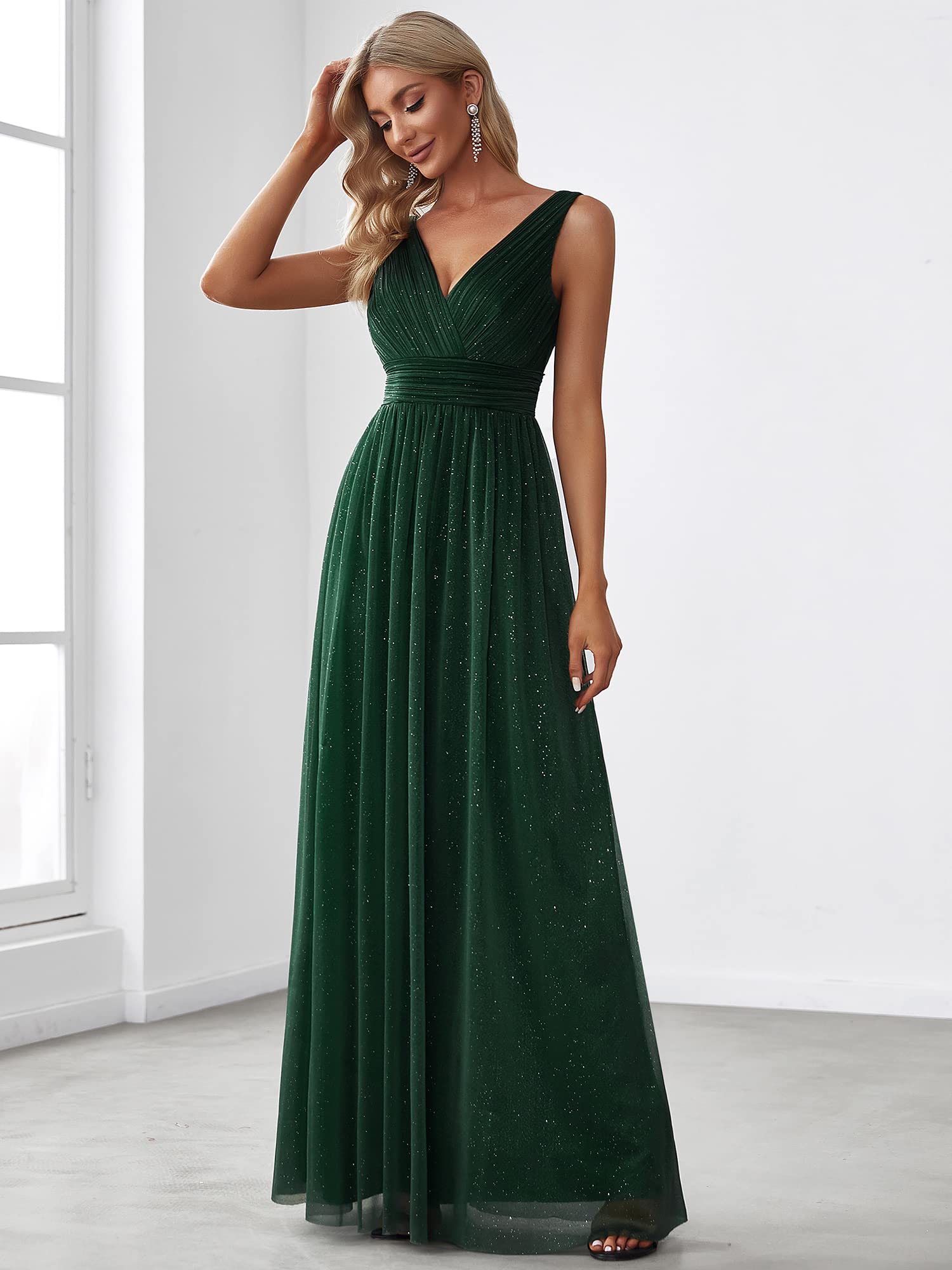 Ever-Pretty Damen V-Ausschnitt Ärmellos Hohe Taille Glitzer Elegant Lang Abendkleider EZ07764