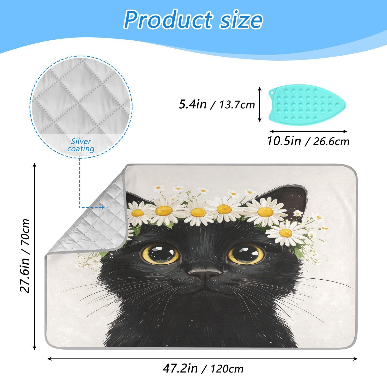 pnyoin Portable Ironing Mat Daisies and Black Cat Travel Ironing Pad with Silicone Iron Rest for Steam Pressing on Tabletop or Bed Heat Resistant Portable Quilting & Travel Blanket