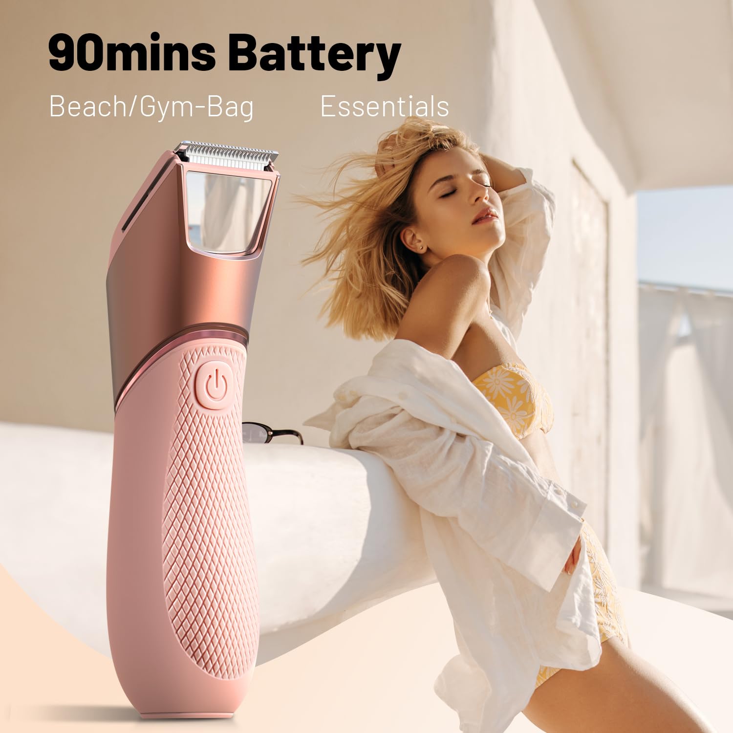 Rasoio per bikini ricaricabile da donna: body groomer con specchio e luce a LED per doccia da viaggio, rasoio per peli pubici impermeabile IPX7, lame in ceramica, rasoio elettrico - rosa chiaro