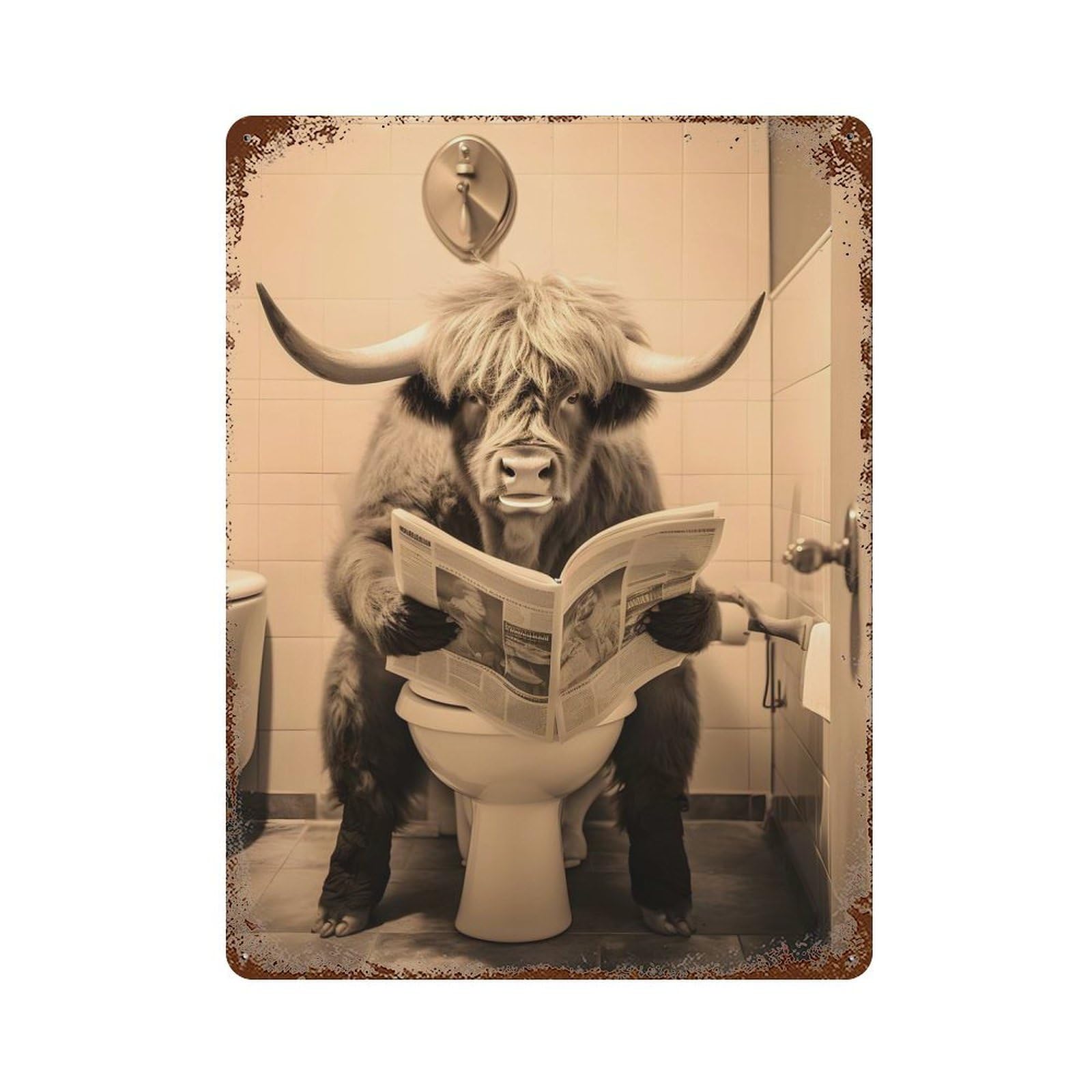 Highland Cow on The Toilet Decorative Tin Sign 15.7"x11.8", for Bistro, Counter And Cafe Decor, Classic Wall Plaque