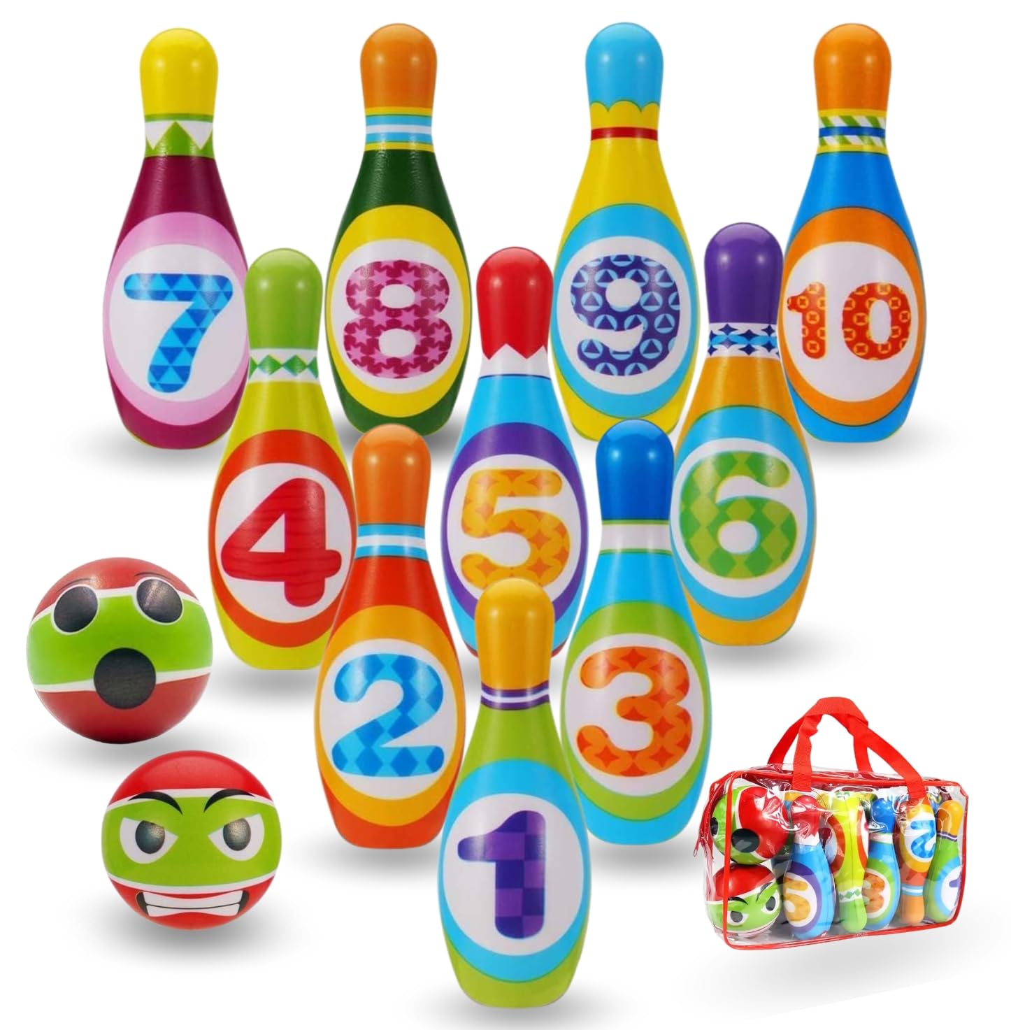 MandA® Bolos Infantiles - Juego de Bolos para Niños - Regalo Bolsa Transporte - Juguete Seguro, para niños 1-6 años - Regalo niño - Juguetes Montessori - Bowling niños - 10 Bolos de 14cm de Espuma.