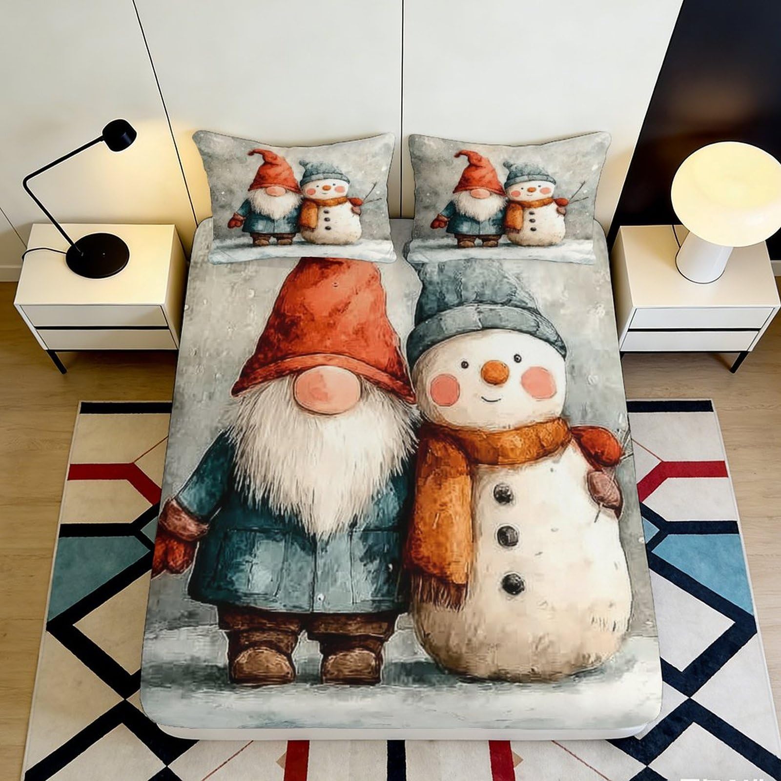 3D Printed Christmas Gnome Fitted Sheet Microfiber Soft Cartoon Snowman Mattress Cover for Bedroom Guest Room Decor 90x200x25cm