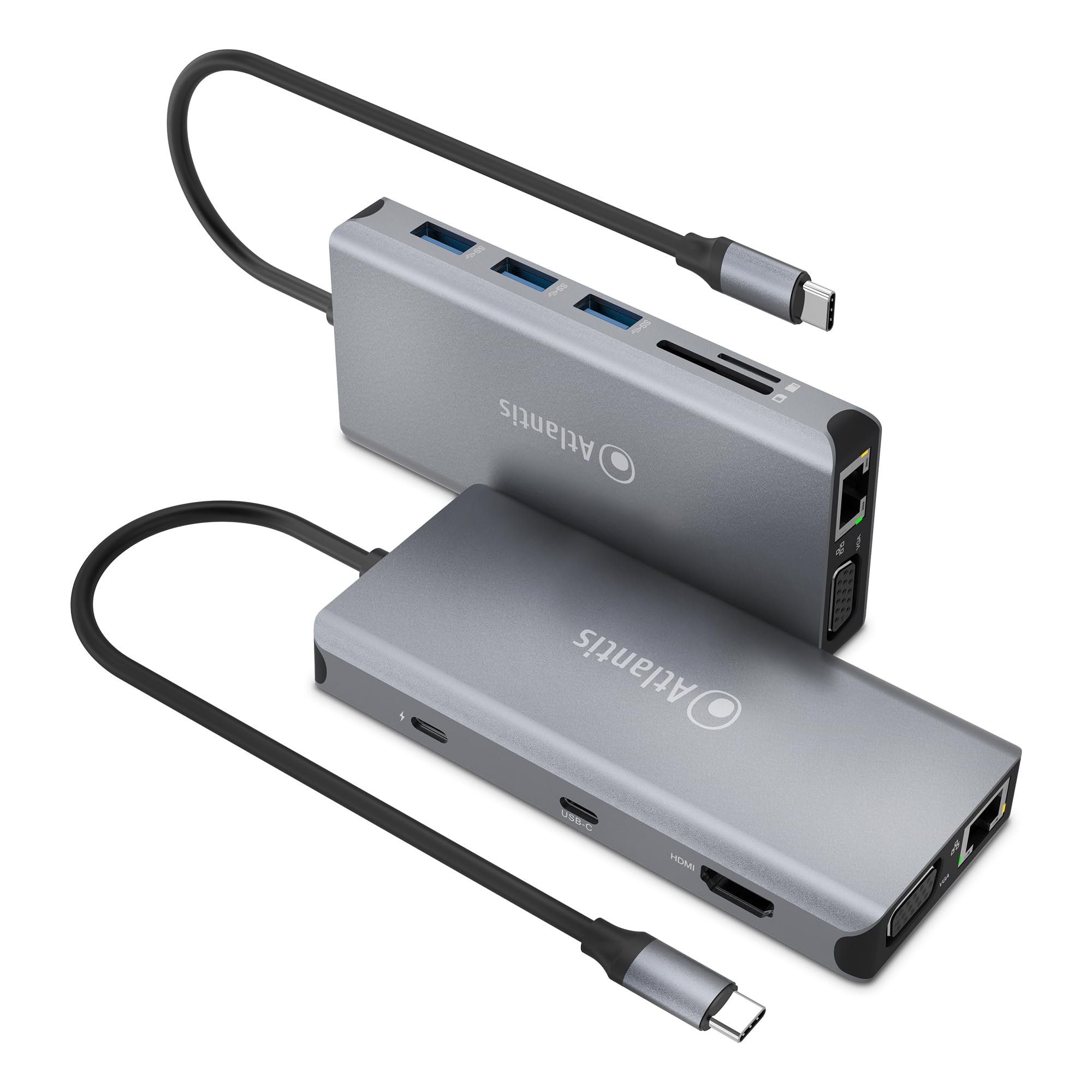 Atlantis Docking Station USB-C con HDMI 4K, VGA e LAN Gigabit, PD 85W | 3porte USB 3.0, 1 porta USB-C, audio IN/OUT 3,5 mm, lettore schede, cavo 18 cm, per notebook, cod. A04-TC_DK46