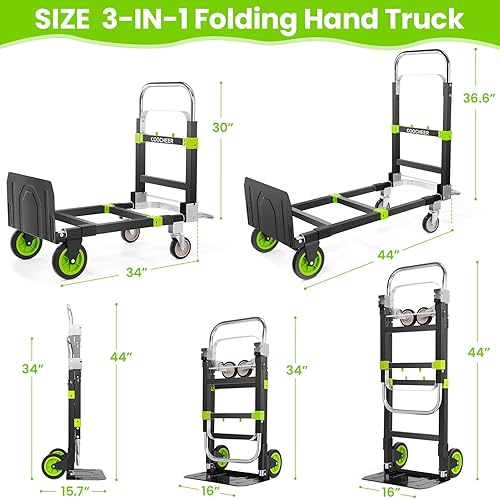 Miniatura 2 de Carro de mano convertible 3 en 1, carretilla de mano plegable resistente con capacidad de 600 libras, carrito portátil con ruedas de goma y asas