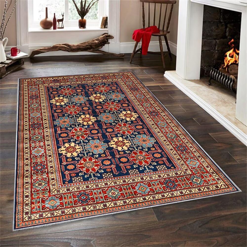 Tapis floral rouge motif bleu 160x230 cm avec finitions haut de gamme