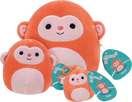 Squishmallows Original Elton Peach Monkey 3-Pack: peluche con clip de 8 pulgadas, 5 pulgadas y 3.5 pulgadas - Peluche oficial de Jazwares Little
