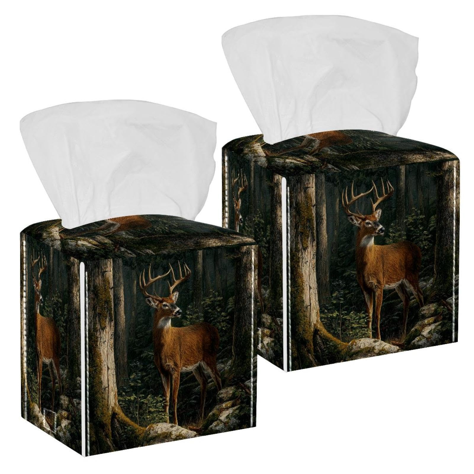Deer in the Forest Tissue Box Cover, 2 Pack PU Leather Square Facial Tissue Dispenser Box holder for Home Office Car