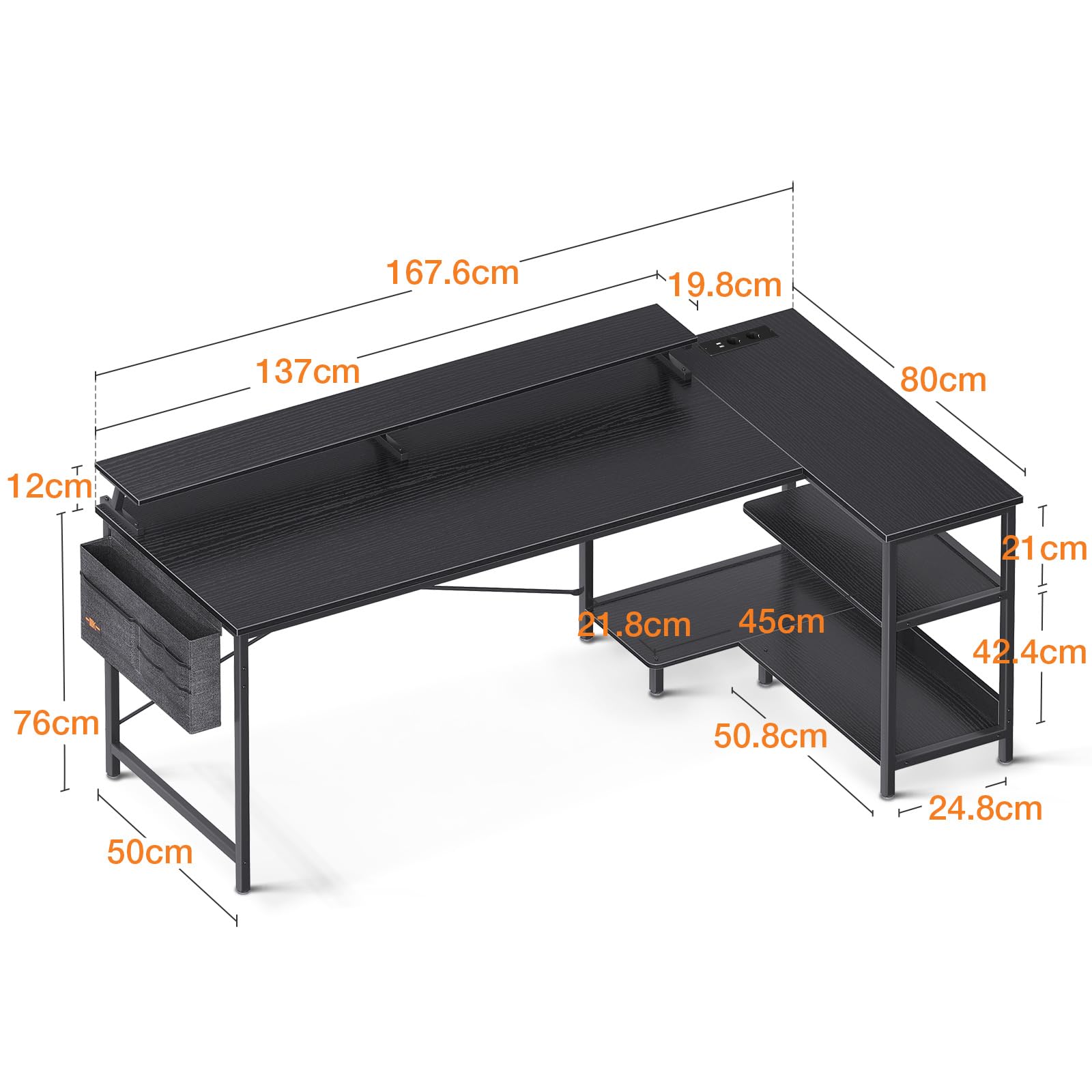 ODK L-vormig gaming-bureau met omkeerbaar design, bureau met grote opbergruimte, hoekbureau met 2 stopcontacten en 2 USB-poorten, zwarte koolstofvezel, 150 × 102 cm