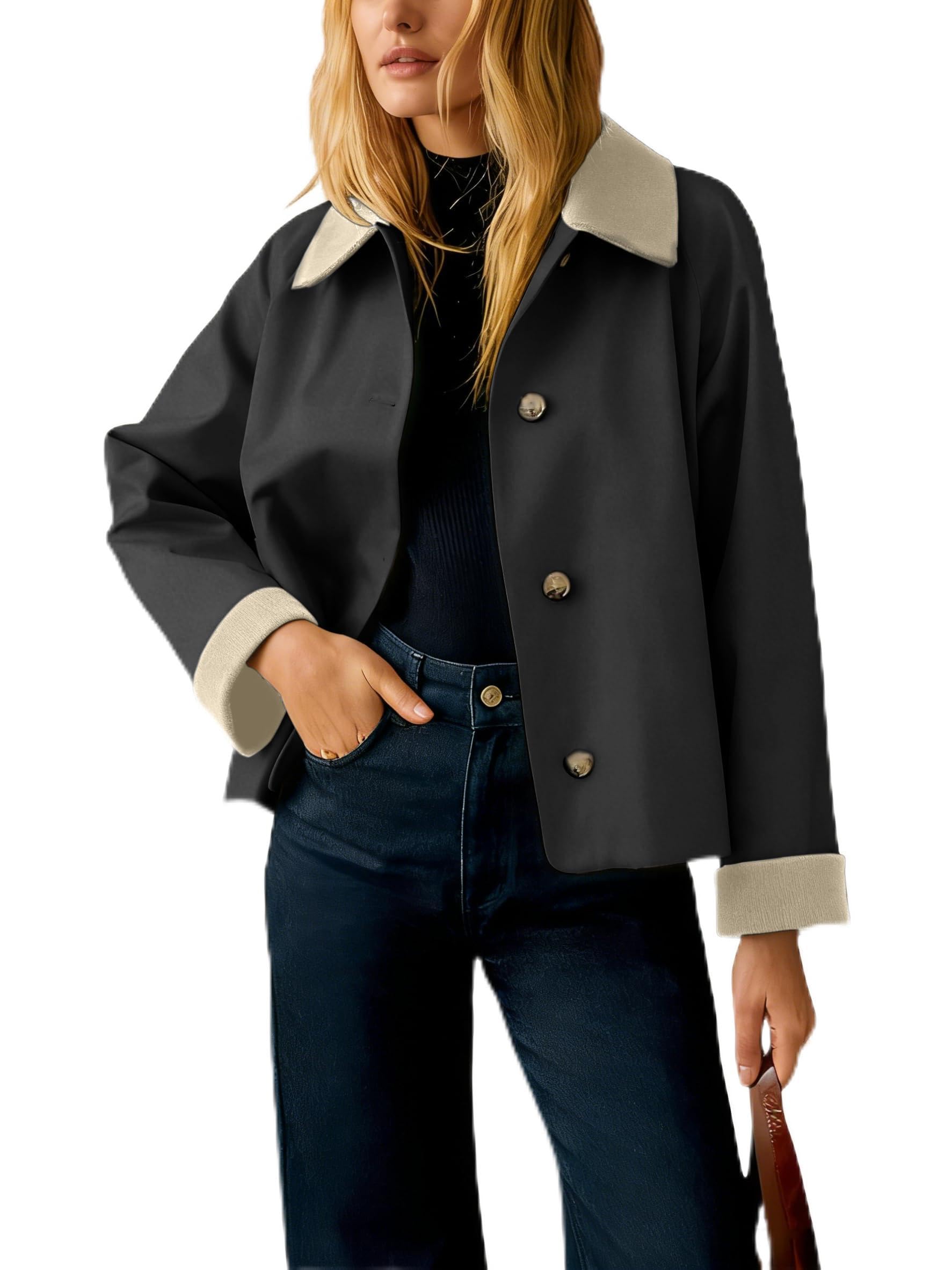 Lviefent Womens Contrast Collar Jacket Casual Button Down Long Sleeves Crop Trench Coat Outerwear with Pockets