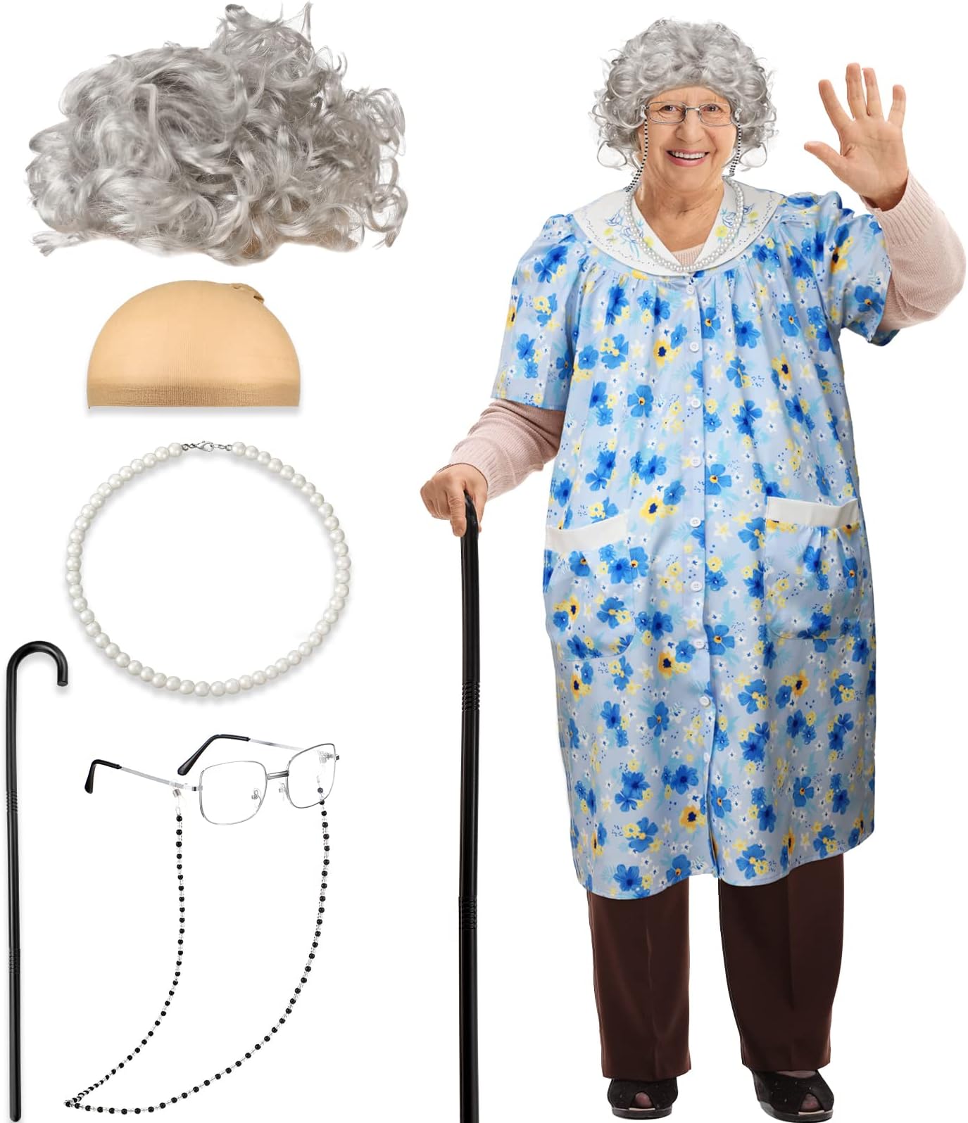 Jiuguva 7 Pcs Old Lady Costume for Kids Girls, 100th Days of School Costume for Kids Granny Nightgown Wig Cane Grandma Dress