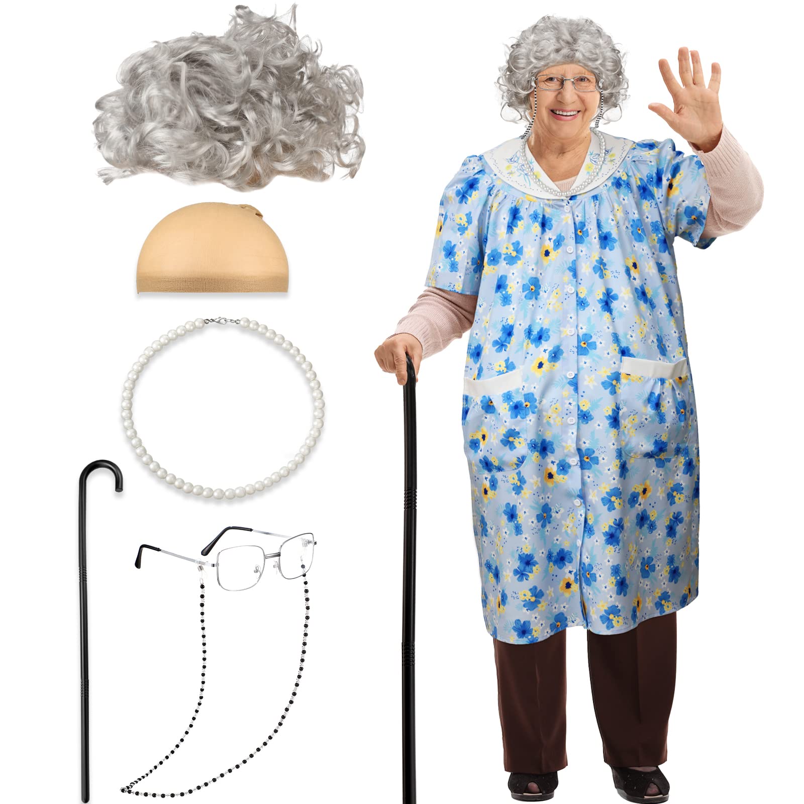 Jiuguva 7 Pcs Old Lady Costume for Kids Girls, 100th Days of School Costume for Kids Granny Nightgown Wig Cane Grandma Dress