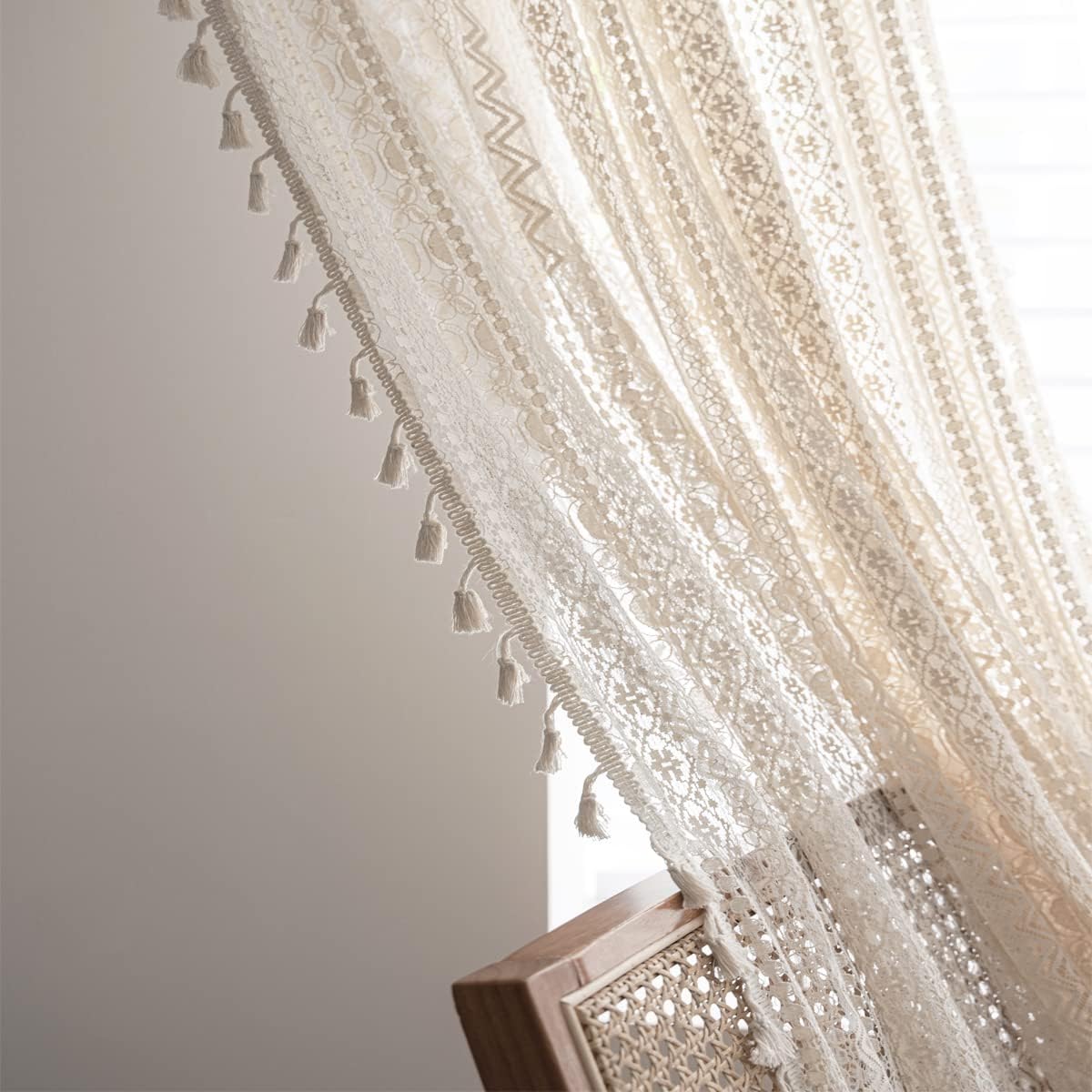 2 Panels Boho Crochet Knitting White Curtains 63 84 96 inches Length, Light Filtering Window Curtains Drapes, Farmhouse Retro Semi Sheer Vintage Lace Tassel Curtains for Bedroom Living Room Decoration