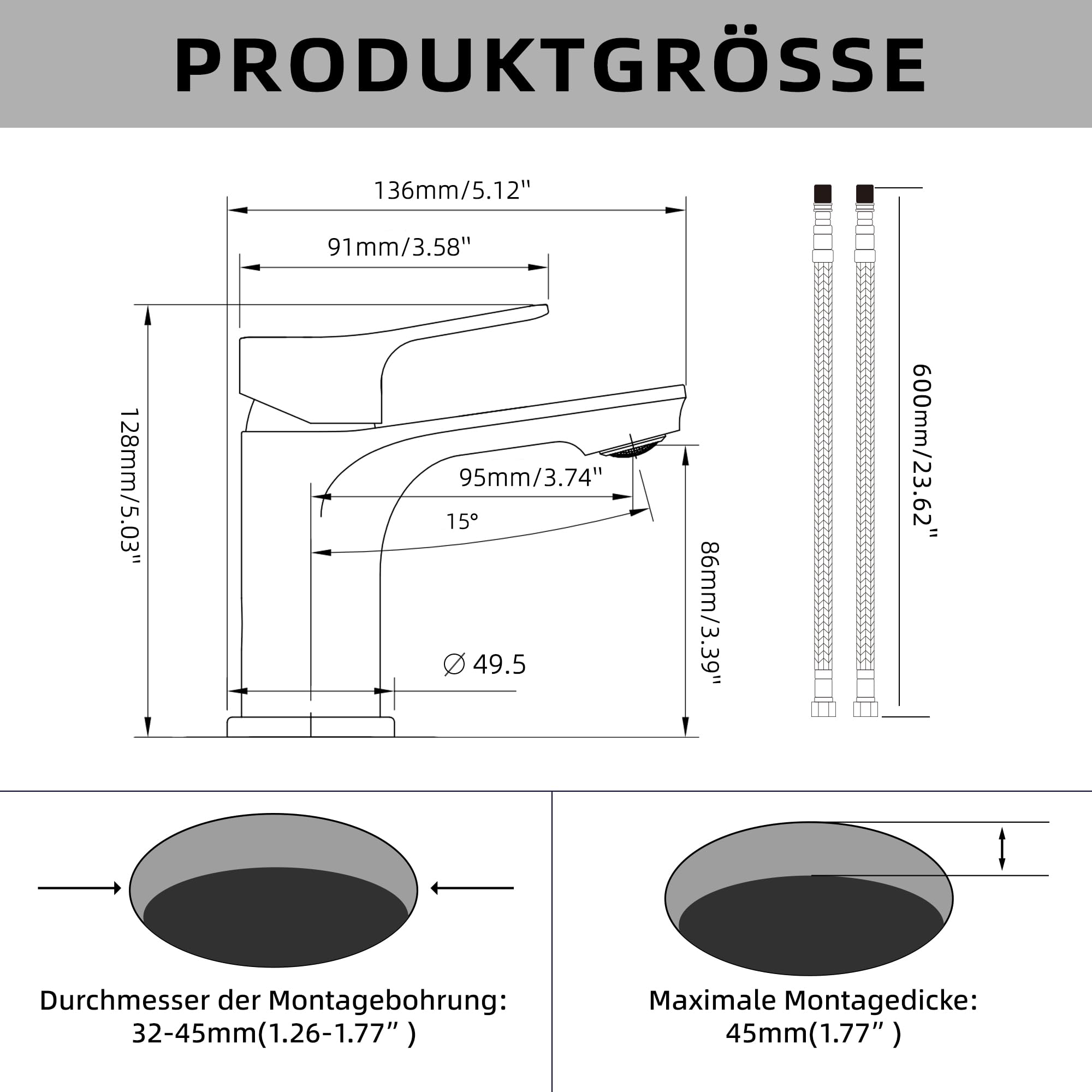 BELZ Schwarz Wasserhahn Bad,Einhebel Waschtischarmatur 86mm | Einfache G3/8 Einlochmontage,Inklusive flexibler Schläuche.Leise,Messing,Rostfrei, pflegeleicht & dicht