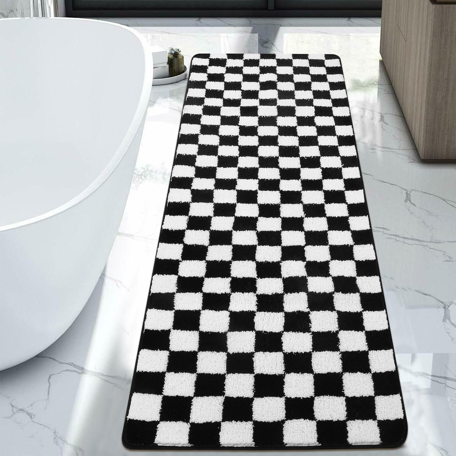 Uphome Bathroom Rug Runner, Black and White Checkered Large Machine Washable Bath Mat Non Slip, 24x71 Water Absorbent Soft Microfiber Bath Rug for Tub