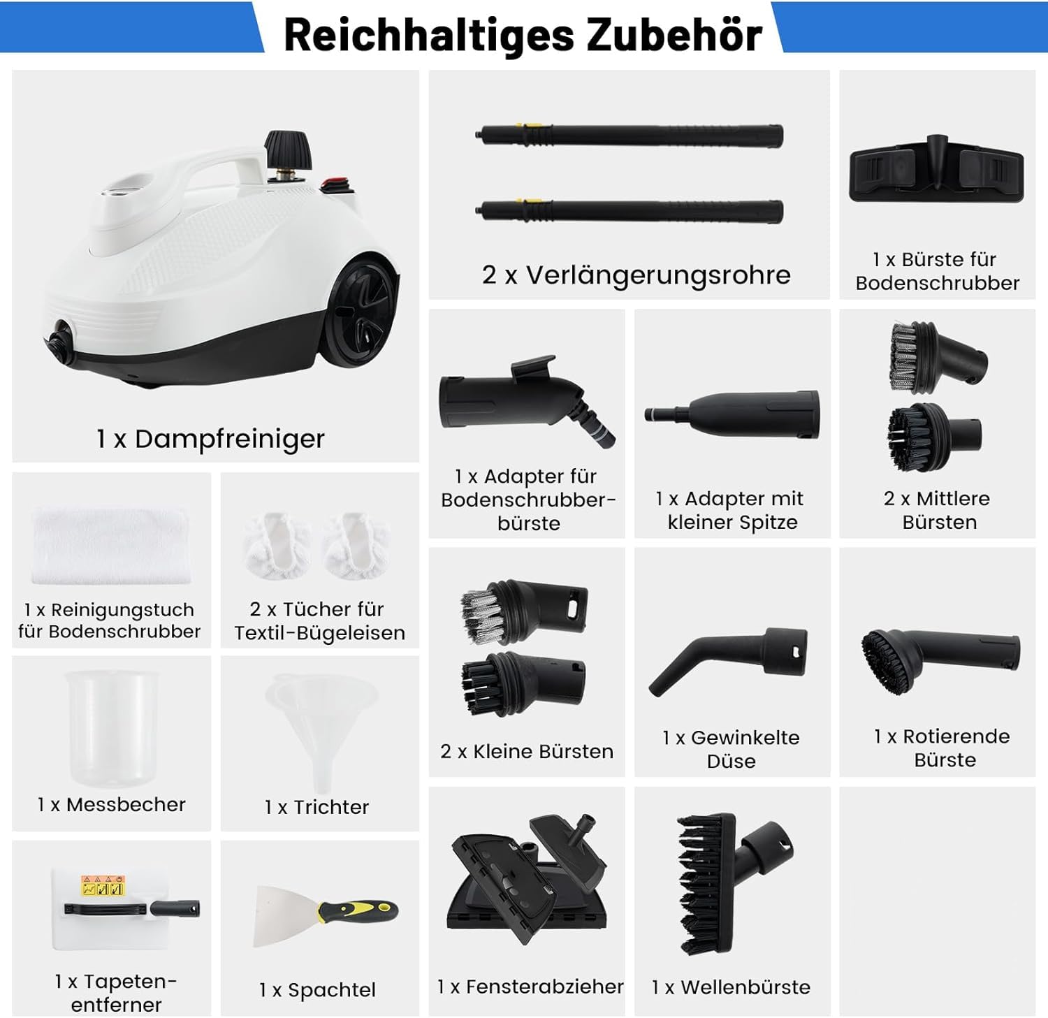 RELAX4LIFE Dampfreiniger 2000W, Dampfdruck: 5 bar, Flächenleistung: 108 m², Tank: 1,8 L, Aufheizzeit: 8 min., mit 22 Zubehörteilen, Dampfsauger für Teppiche, Böden, Fliesen, Fenster, Polster (Weiß)