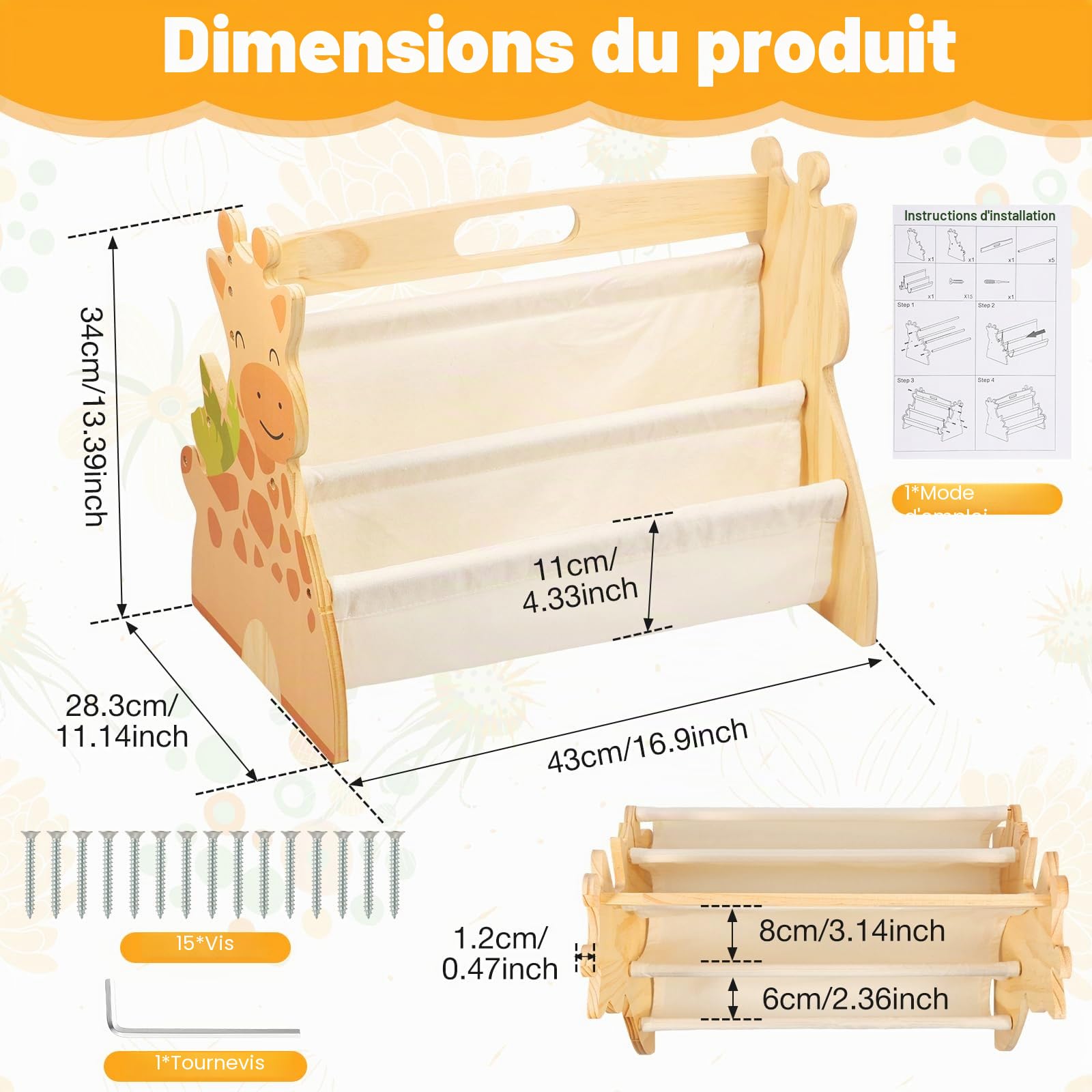 Bibliothèque Montessori Bois pour Enfant 43x34x28,3cm Bibliothèque Enfant Double Face Quatre Couches avec Poignée Rangement Livre Enfant 3-8 Ans Aménagement Open Bords Arrondis pour Chambres écoles