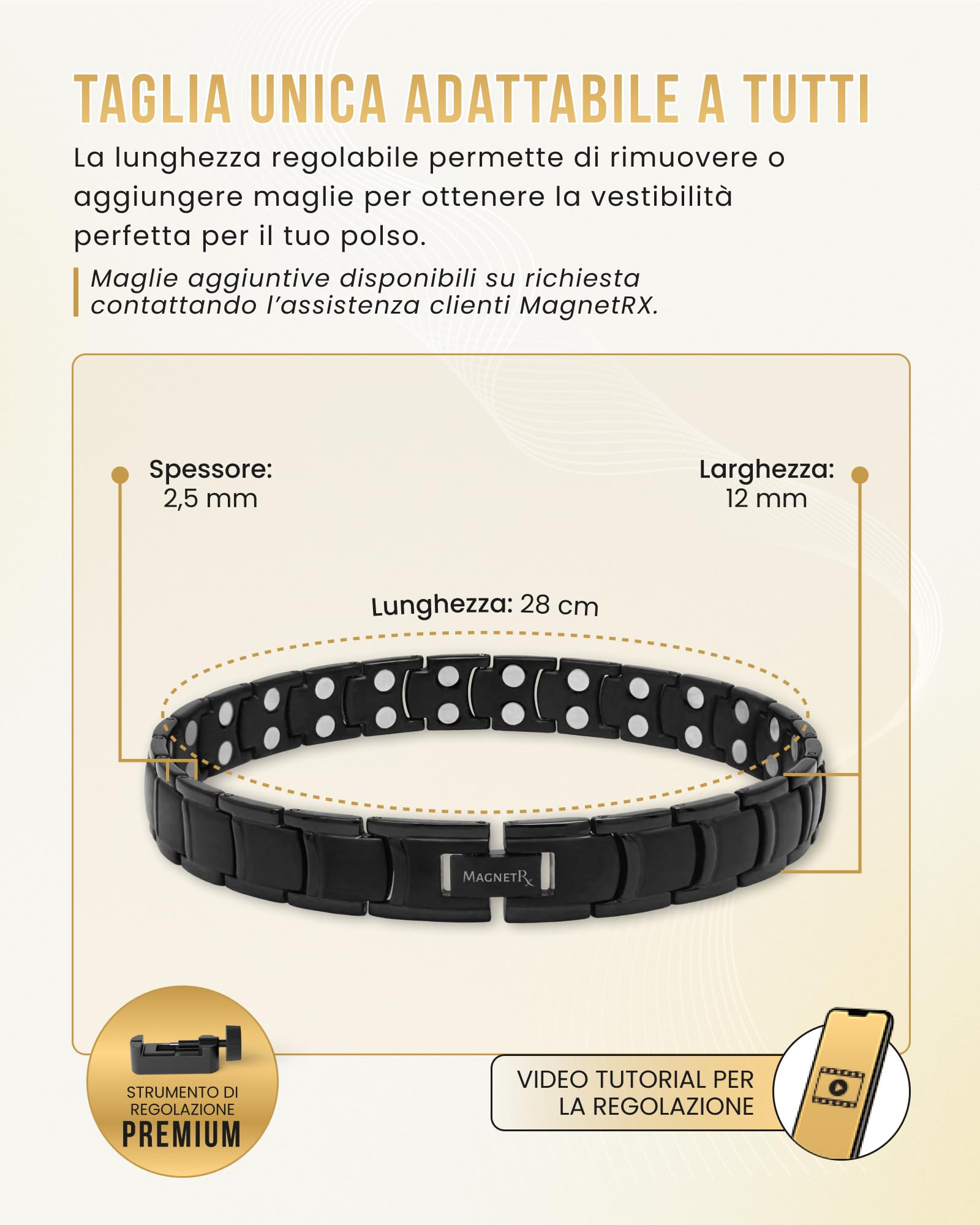 MagnetRX® Cavigliera Magnetica Terapeutica ad Alta Potenza in Titanio per Uomo – Regolabile con 50 Magneti Terapeutici (Nero)