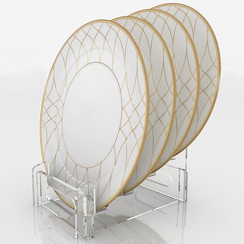 Miniatura 8 de 1 soporte para platos de acrílico transparente, elegante soporte de exhibición de vajilla y soporte con pantalla acrílica - Capacidad para 4 platos
