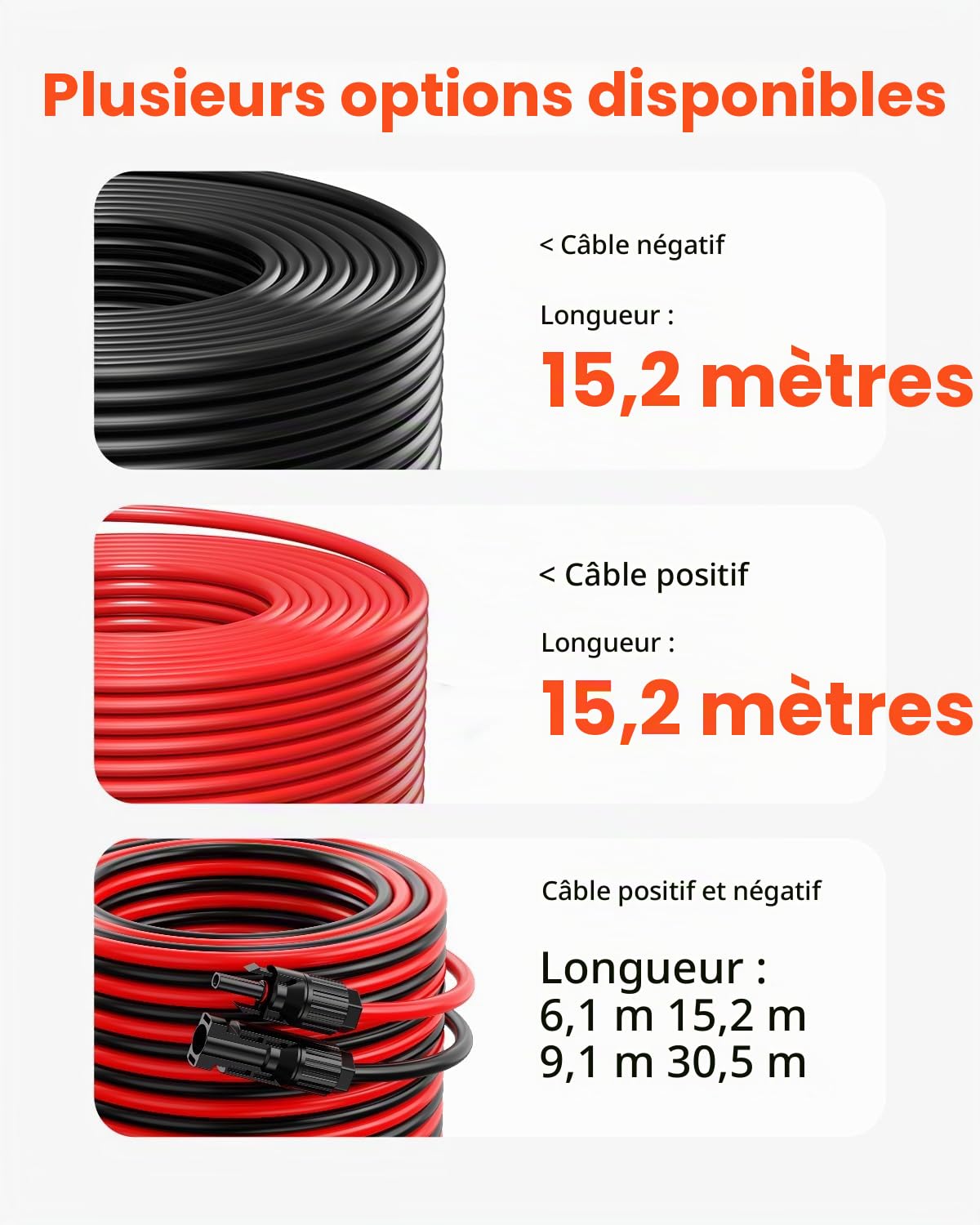 VEVOR Câble d'Extension de Panneau Solaire, 15,24 m, 10 AWG, avec Connecteurs Femelles et Mâles, CC 1500 V, Étanche IP67, pour Panneaux Solaires Domestiques, de Bateaux, Camping-cars, Toits, Lot de 2