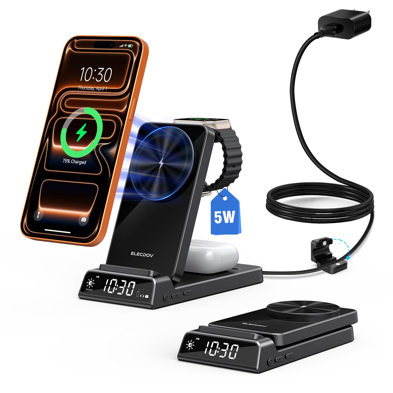 3 in 1 Charging Station for Apple,Travel Wireless Charger with Clock