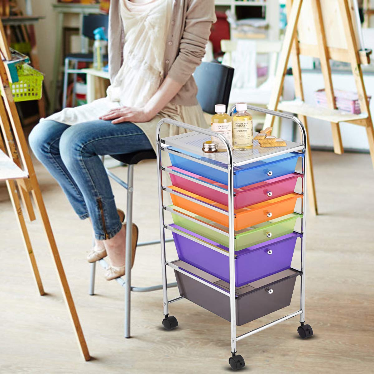 GOPLUS Rollwagen mit 6 Schubladen, Rollregal Farbig, Küchenwagen mit Rädern, Beistellwagen Haushaltswagen Rollcontainer Badrollwagen Badtrolley Badregal