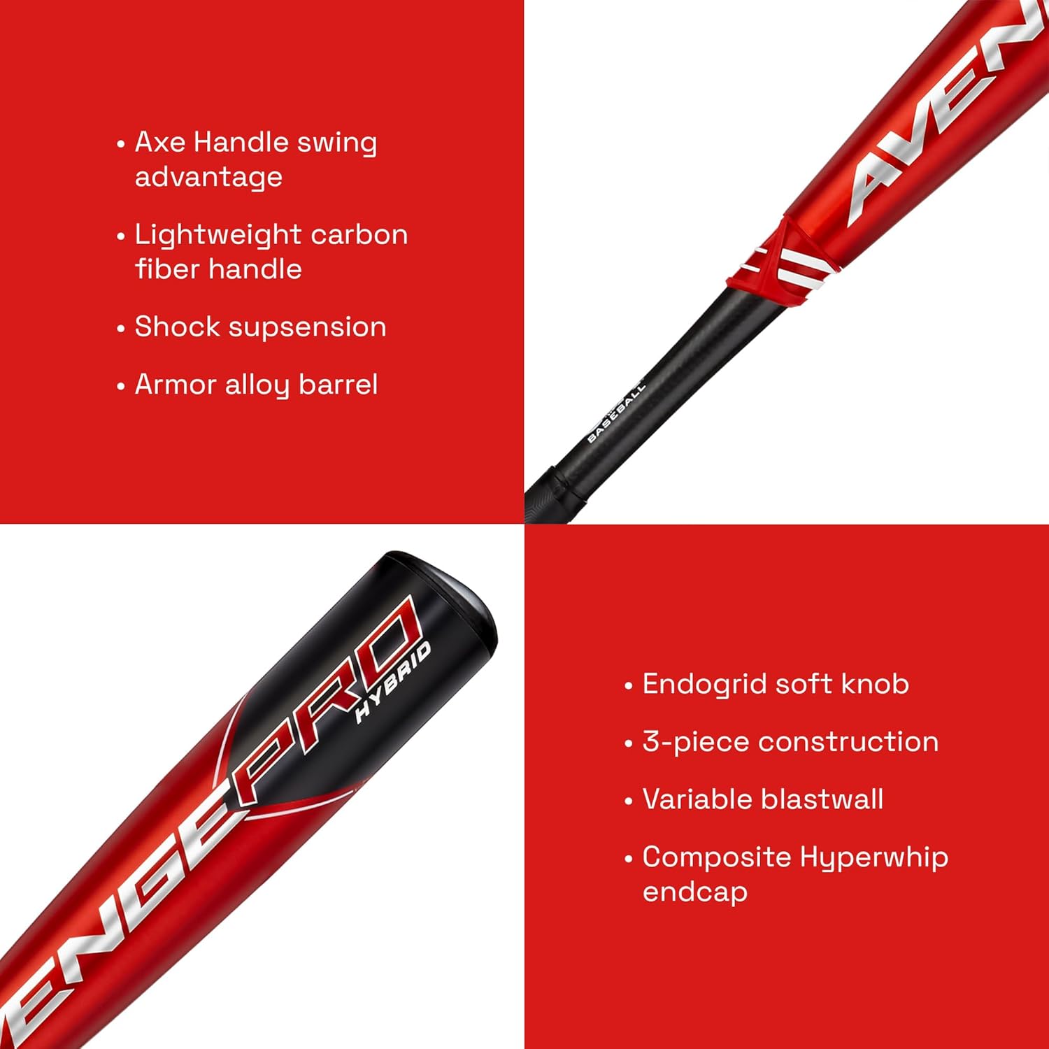 Axe Bat 2023 Avenge Pro Hybrid (-10, 2-5/8") USA Baseball Bat, 3-Piece Hybrid, Red/Black