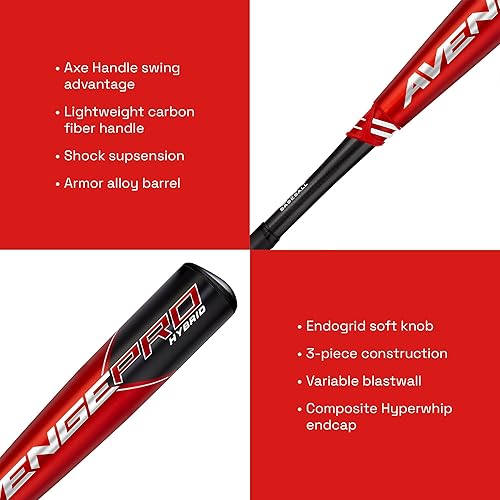 Miniatura 4 de Axe Bat 2023 Avenge Pro Hybrid (-10, 2-58 pulgadas) USA Bate de béisbol, híbrido de 3 piezas, rojonegro